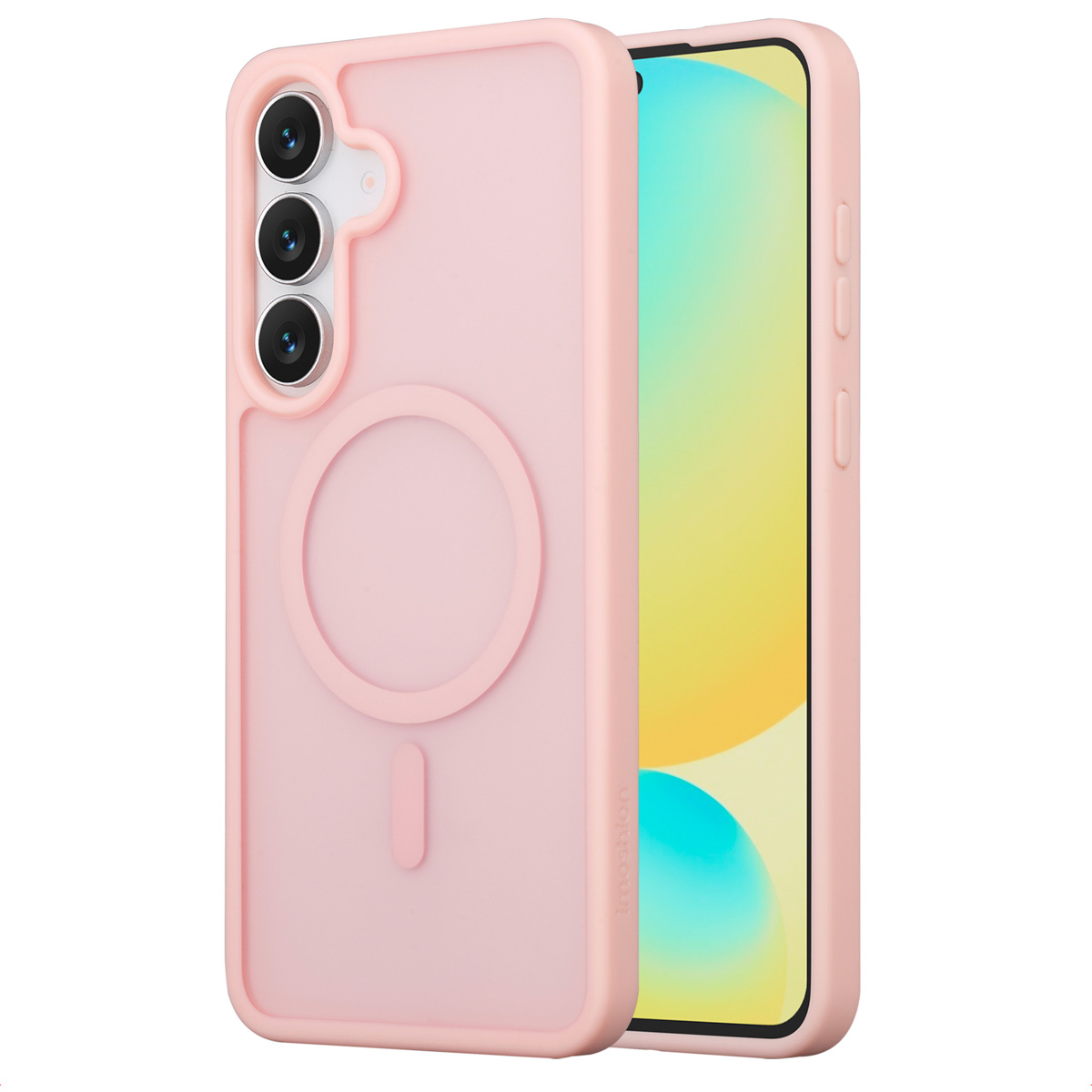 Roze telefoonhoesje met telefoon erin. De hoes heeft een cirkelvormige uitsparing en drie camera-uitsparingen. Het scherm is zichtbaar.