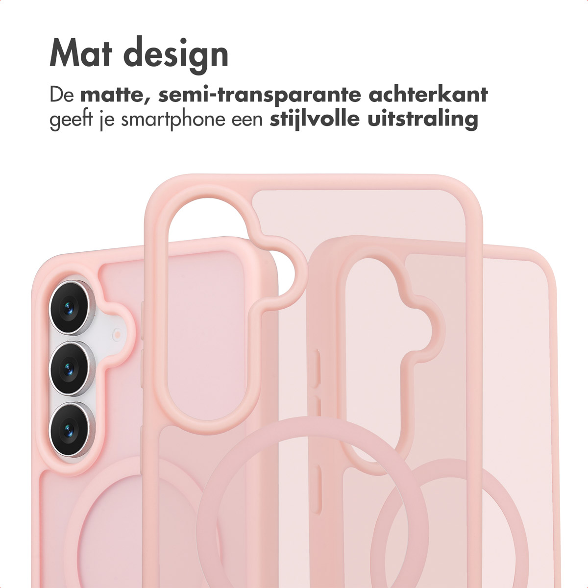 Een roze telefoonhoesje met een doorzichtige achterkant. De hoes heeft een uitsparing voor de camera en een ringhouder. De achtergrond is wit.