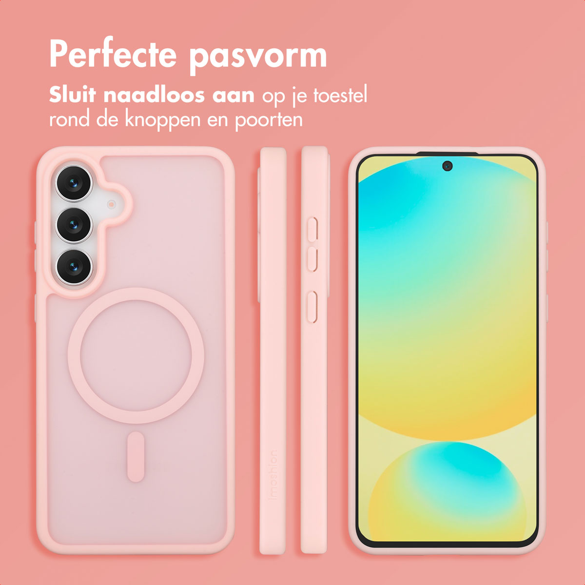 Roze telefoonhoesje en telefoon op roze achtergrond. De hoes heeft een transparante achterkant en past perfect.