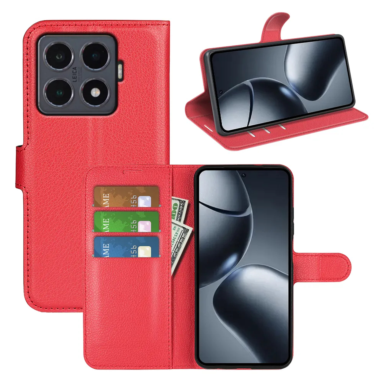 Rode telefoonhoes met telefoon, creditcards en contant geld. De telefoon heeft een zwart scherm. De hoes is open.