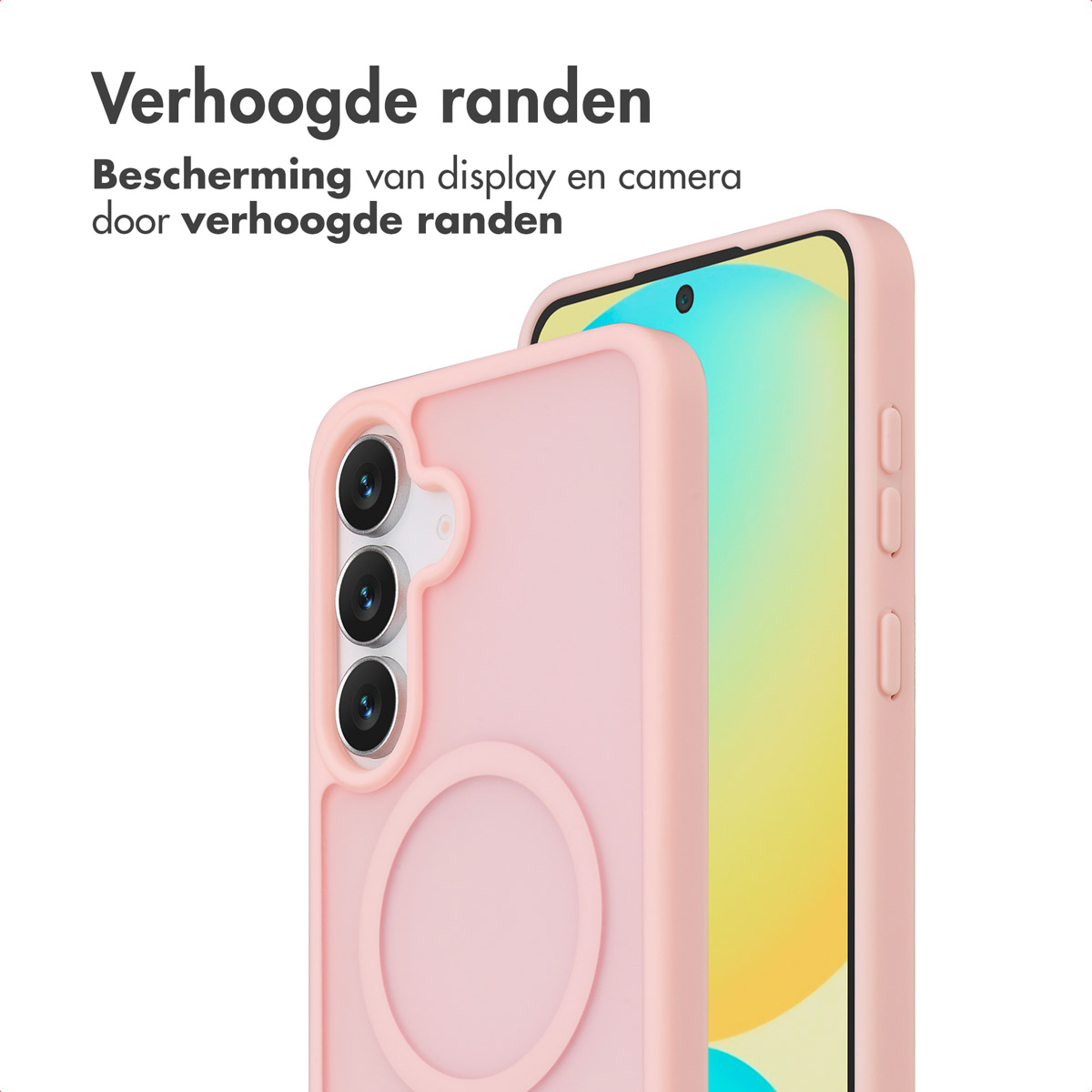 Roze telefoonhoesjes. Eén hoesje toont de camera en een ander het scherm. De tekst bovenaan zegt 'Verhoogde randen'.