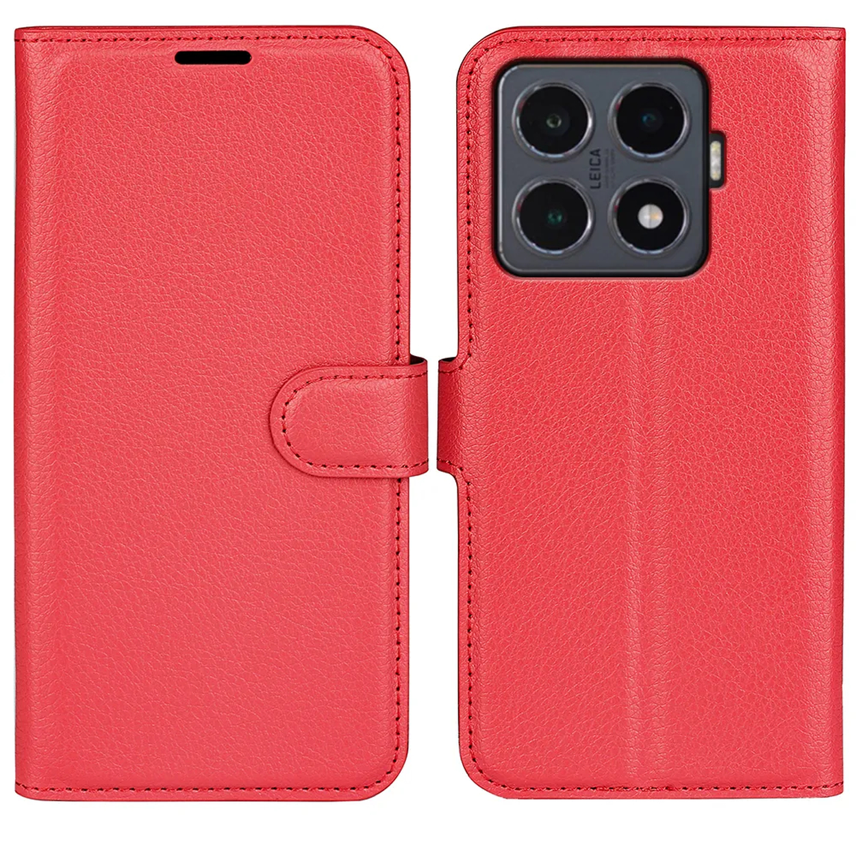 Rode leren telefoonhoes open. De rechterkant heeft een telefoon met camera's. De linkerkant heeft een flap met een knop.
