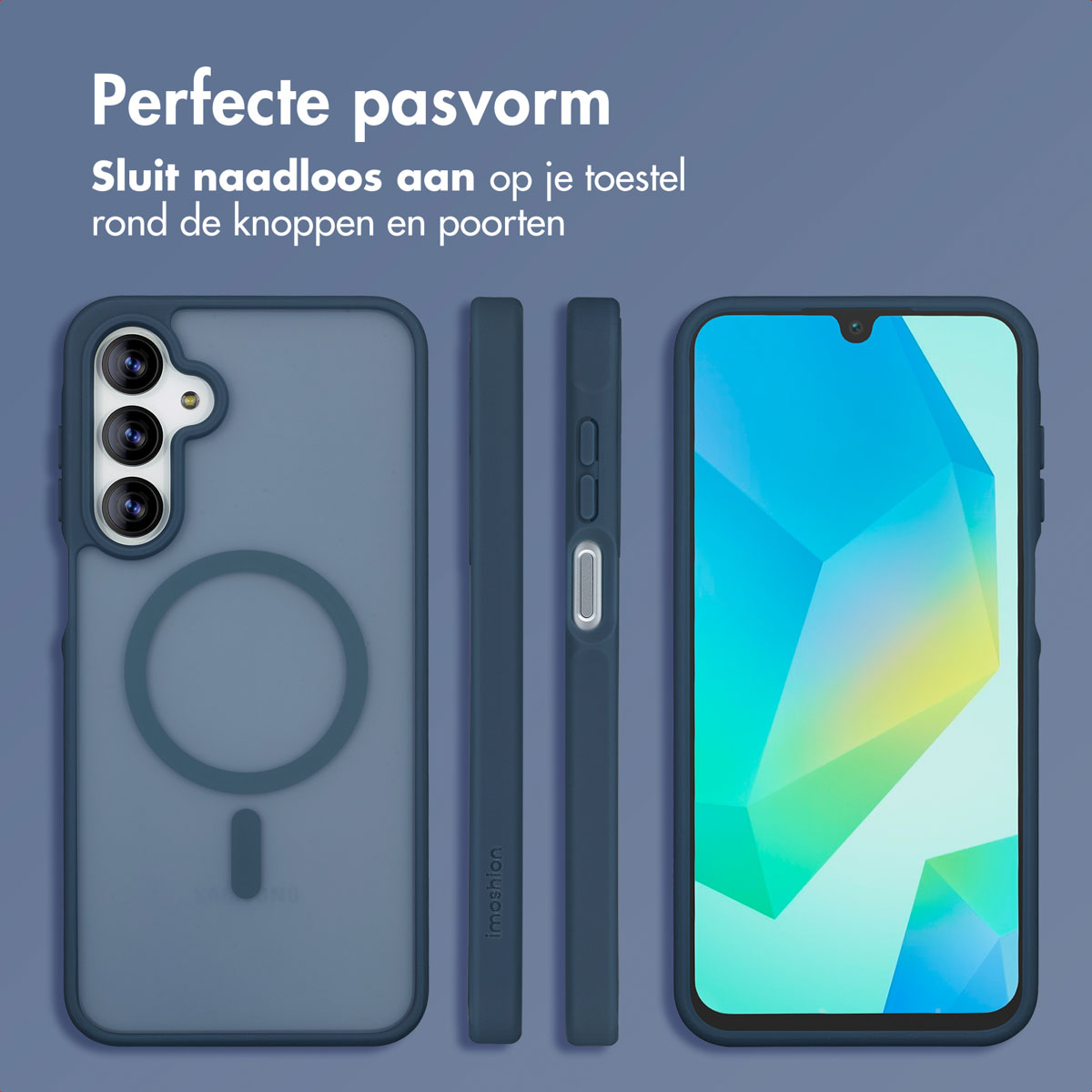 L'immagine mostra custodie per telefoni, una con schermo visibile. Testo: 'Vestibilità perfetta'. Custodie blu, schermo con design geometrico.