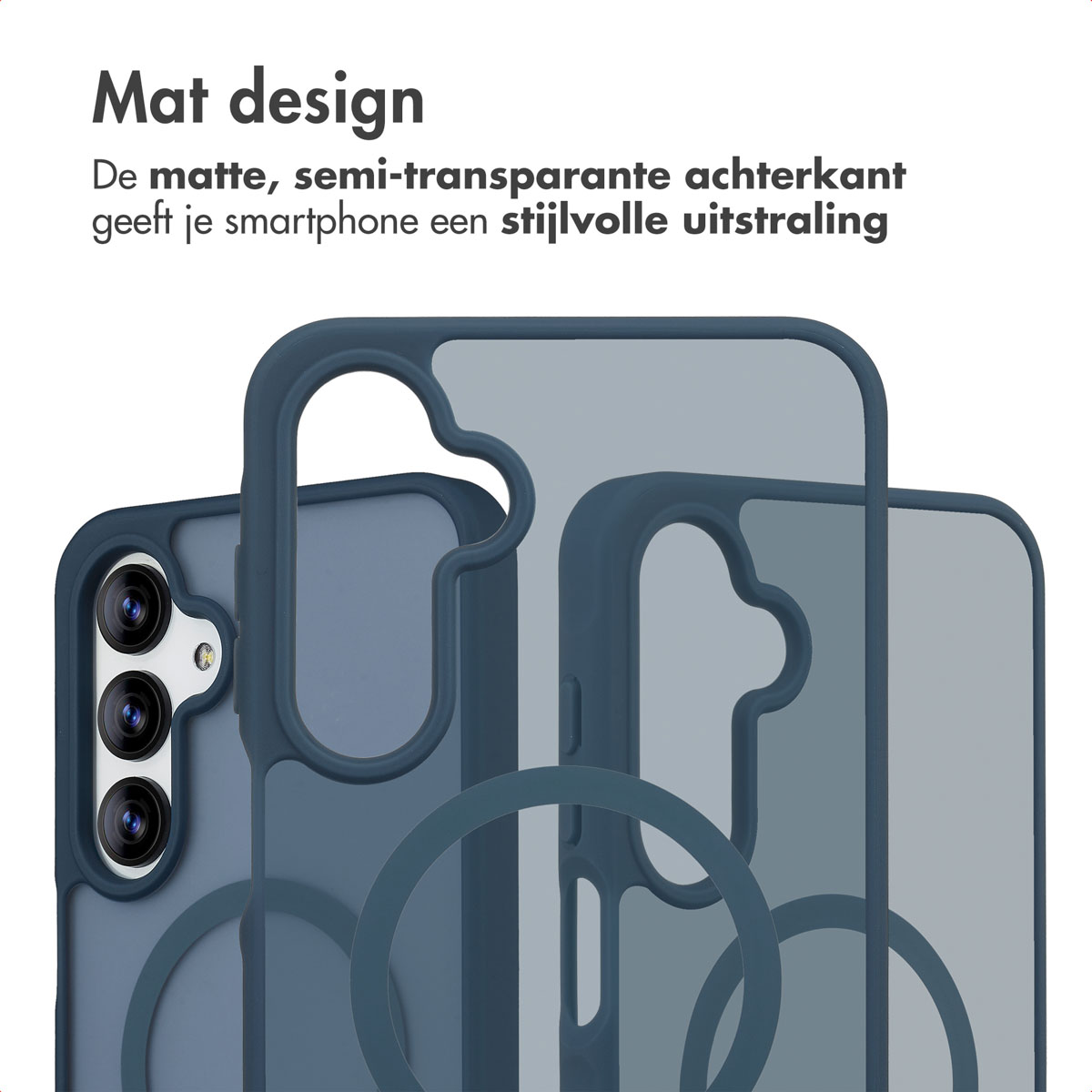 L'immagine mostra una custodia blu per telefono con retro trasparente. La custodia ha un design opaco e un aspetto elegante.