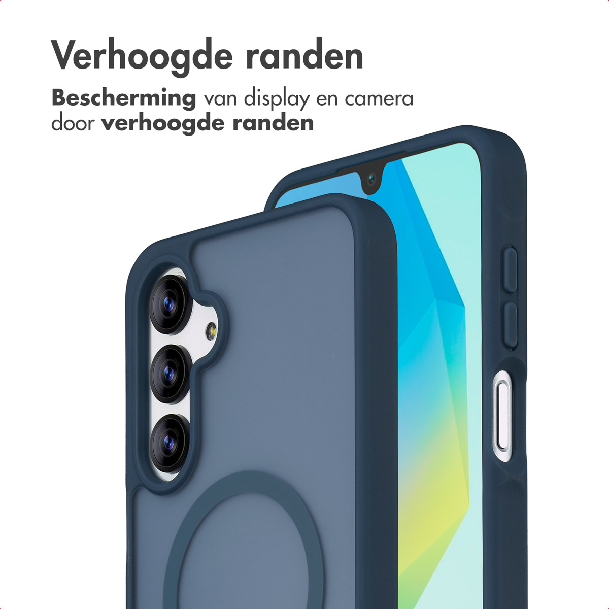 Primo piano di una custodia blu con un telefono all'interno. La custodia ha bordi rialzati, proteggendo lo schermo e la fotocamera.