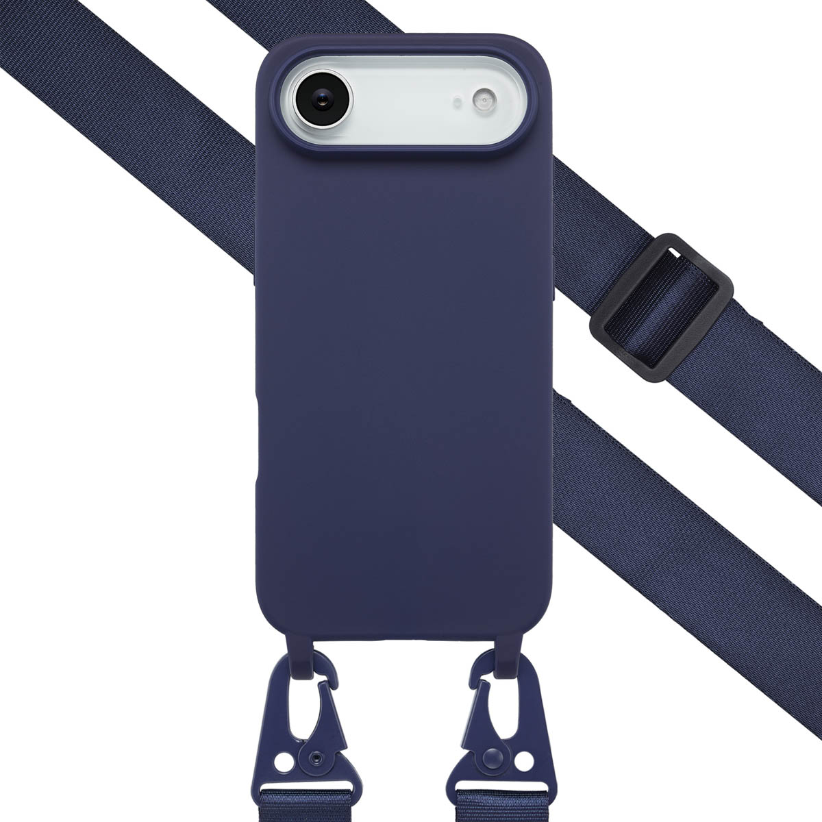 Una custodia blu navy per telefono con cinturino. La custodia ha un ritaglio per la fotocamera, ganci e un cinturino con chiusura nera.