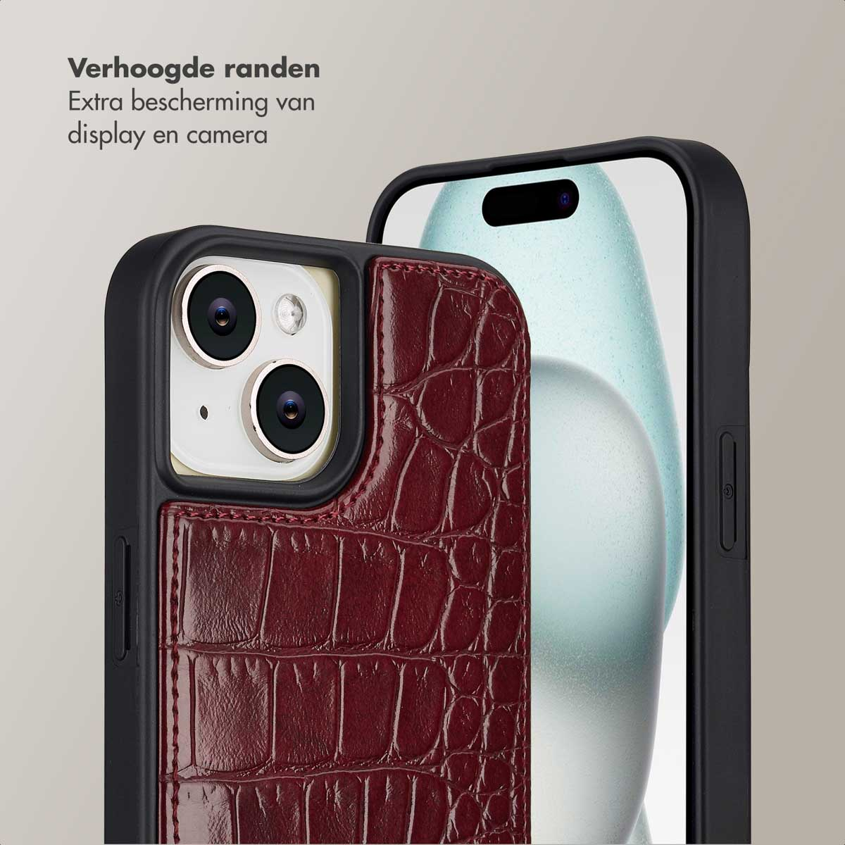 Two phone cases, one with a red textured back. The other shows the phone screen. Text on the top left reads 'Raised edges'.