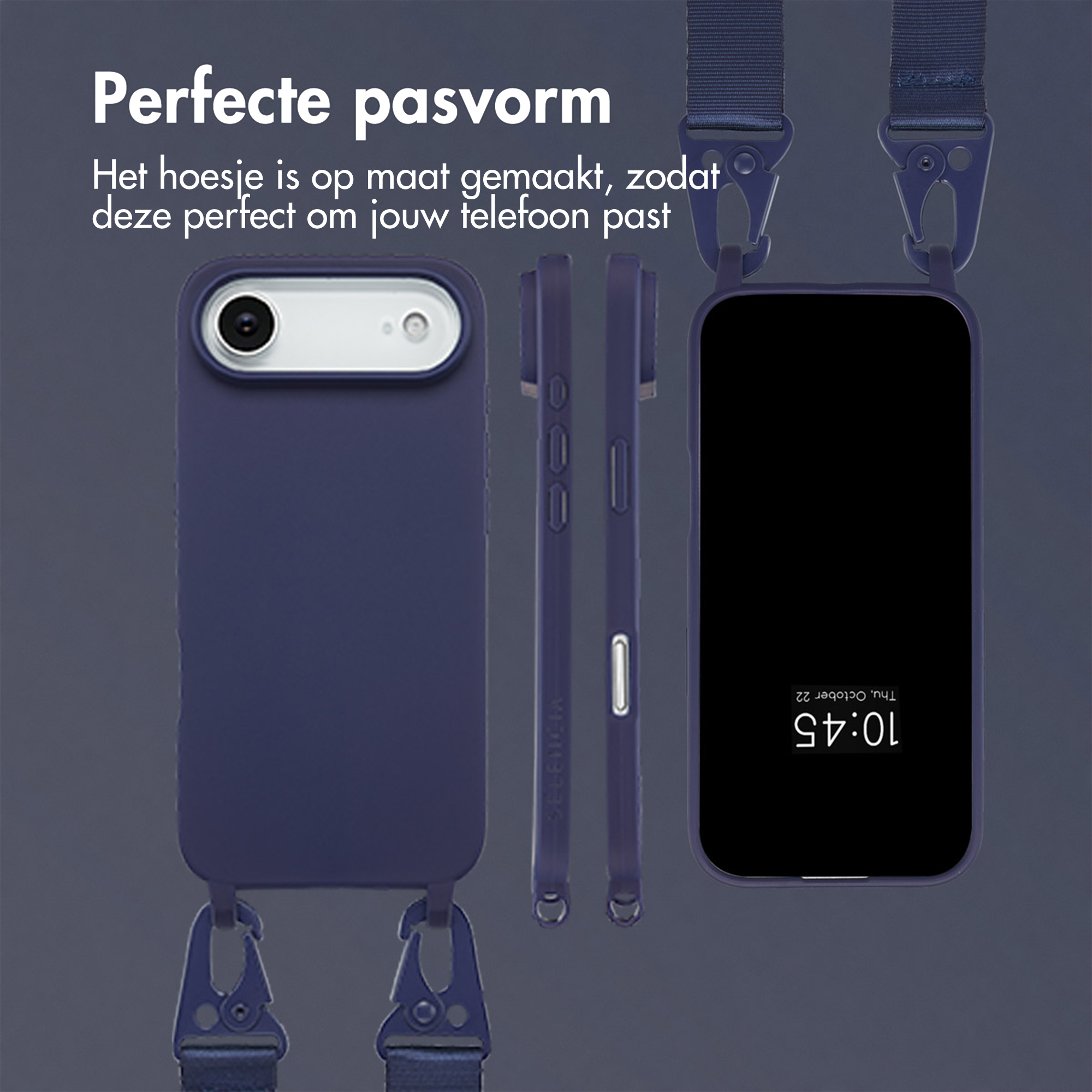 Una custodia per telefono con cinturino. È blu scuro, con lo schermo del telefono che mostra l'ora. Testo sopra: Vestibilità perfetta.