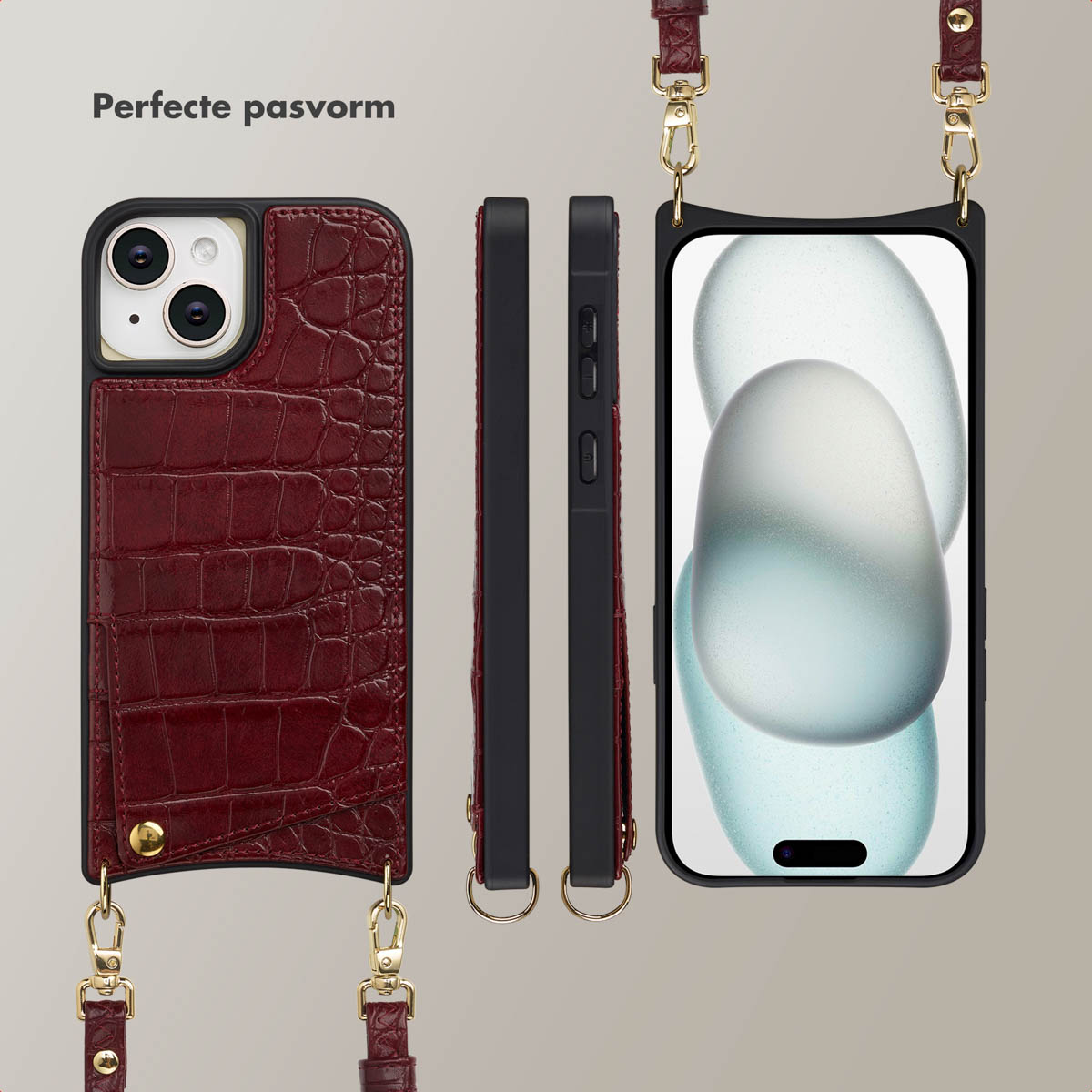 A phone case with a strap, in three views. The case is dark red with a crocodile texture, and has a black border. The strap is brown.