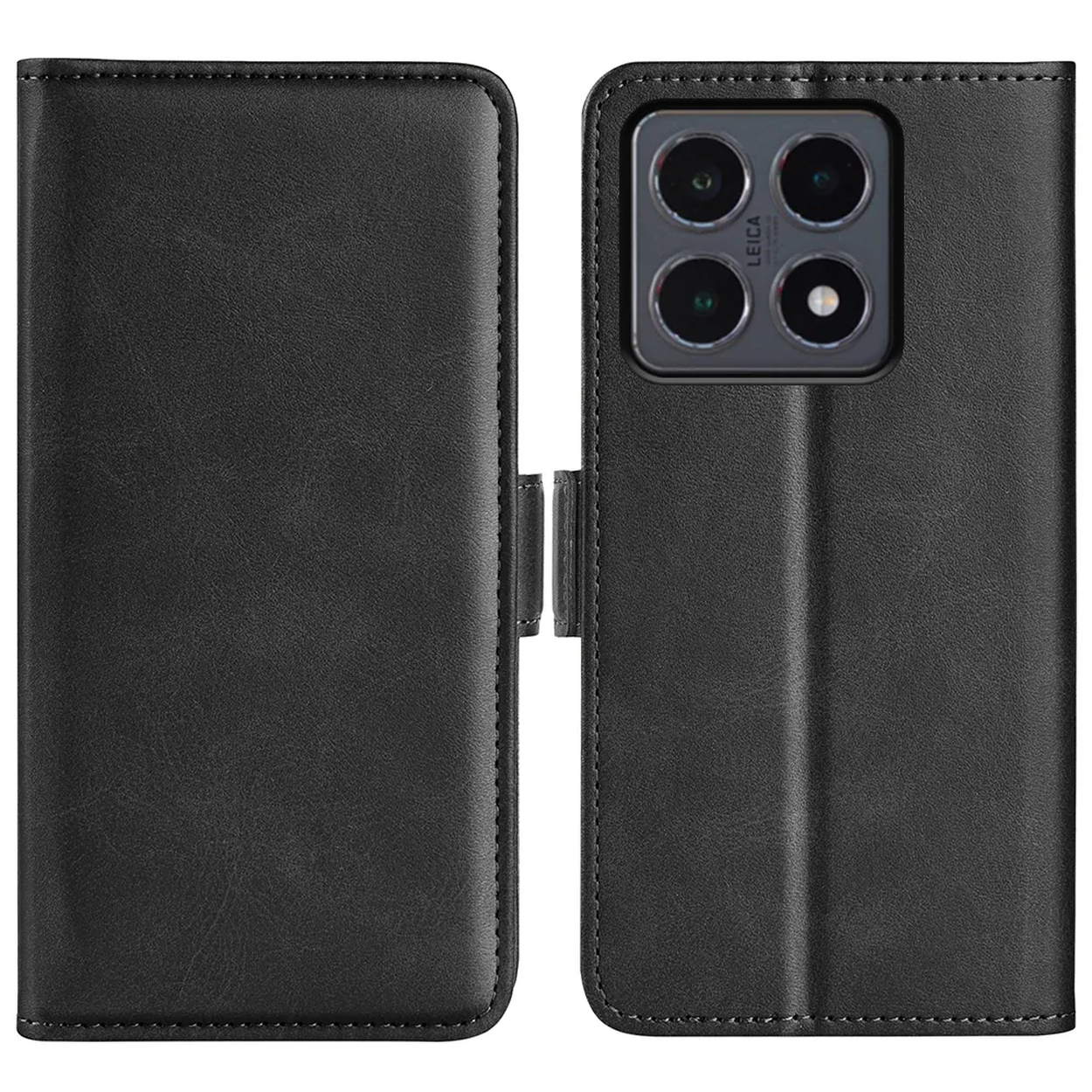 Étui de téléphone en cuir noir, ouvert. Le côté droit montre un téléphone avec quatre caméras. Le côté gauche est un rabat de portefeuille.