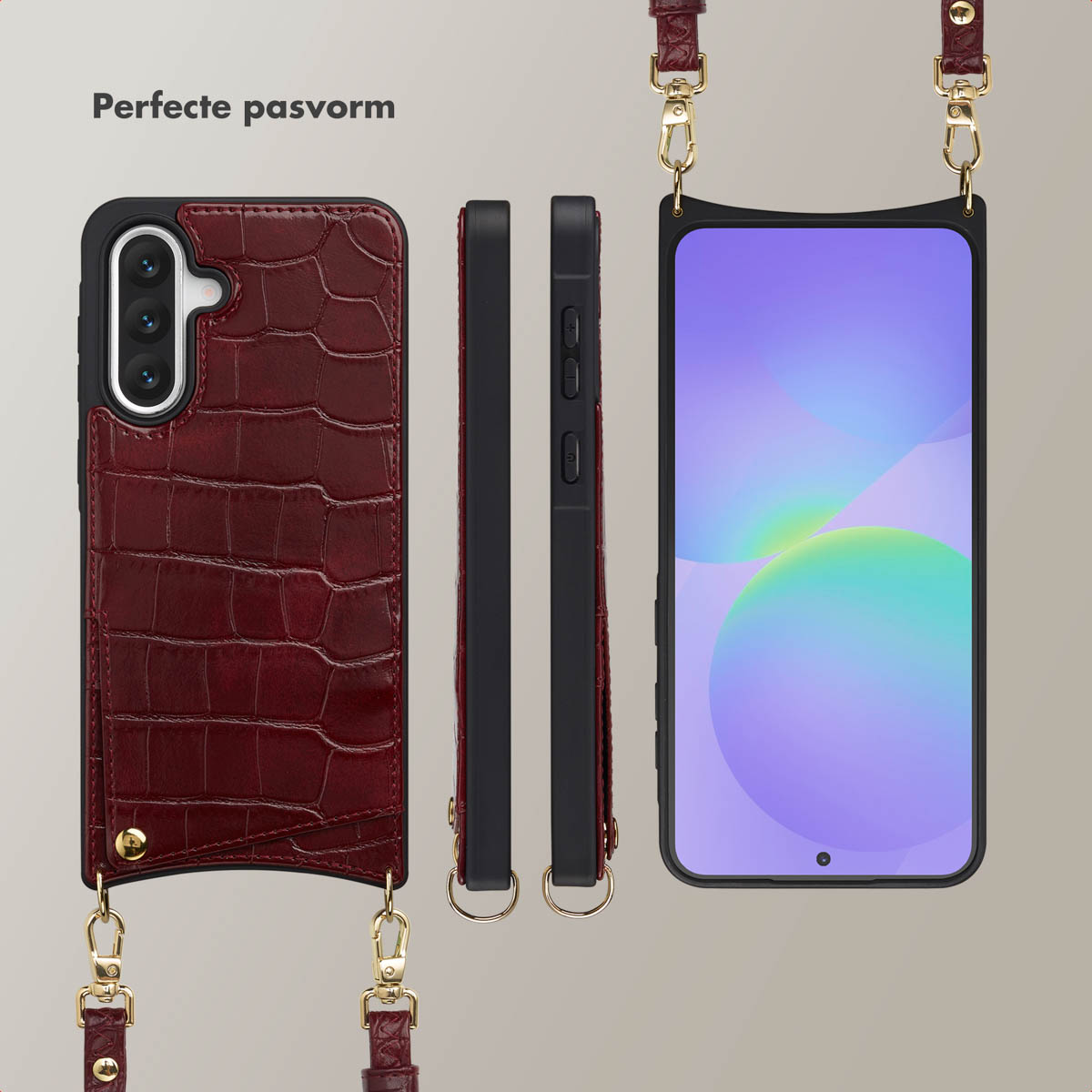 Een telefoonhoesje en een telefoon. De hoes is van bordeauxrood leer. Het scherm toont kleurrijke graphics. Een riem is bevestigd.