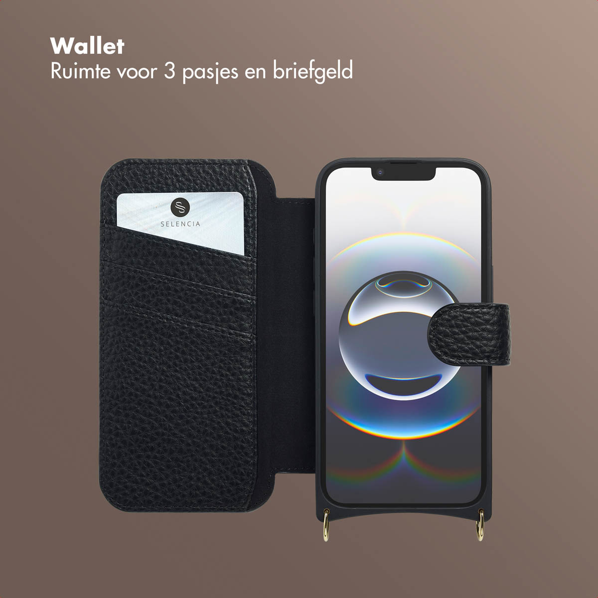 Portafoglio nero con telefono. Aperto, con fessure per carte e telefono con design circolare. Ganci dorati.