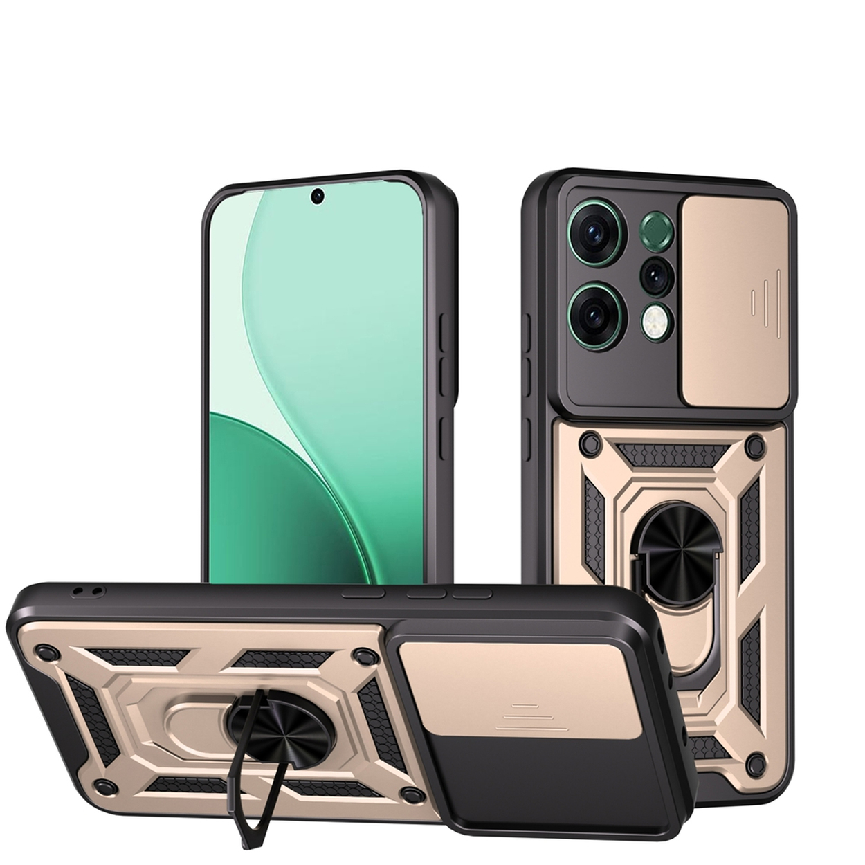 Drie telefoonhoesjes: zwart en goud design. Eén staand, één liggend en één rechtop. Elk heeft een ringhouder en een camerahoes.