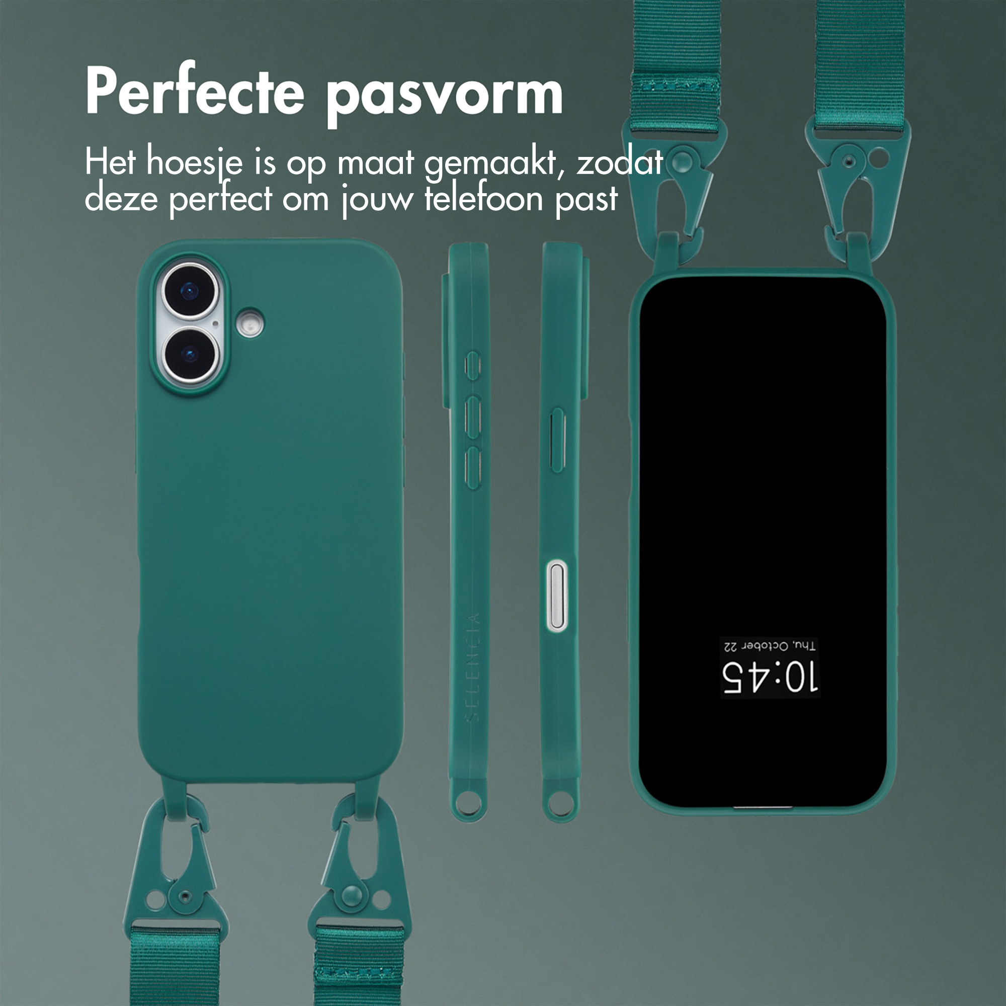 Groene telefoonhoes met riem. Telefoonscherm toont tijd. Tekst in het Nederlands. Meerdere hoesjes en onderdelen.
