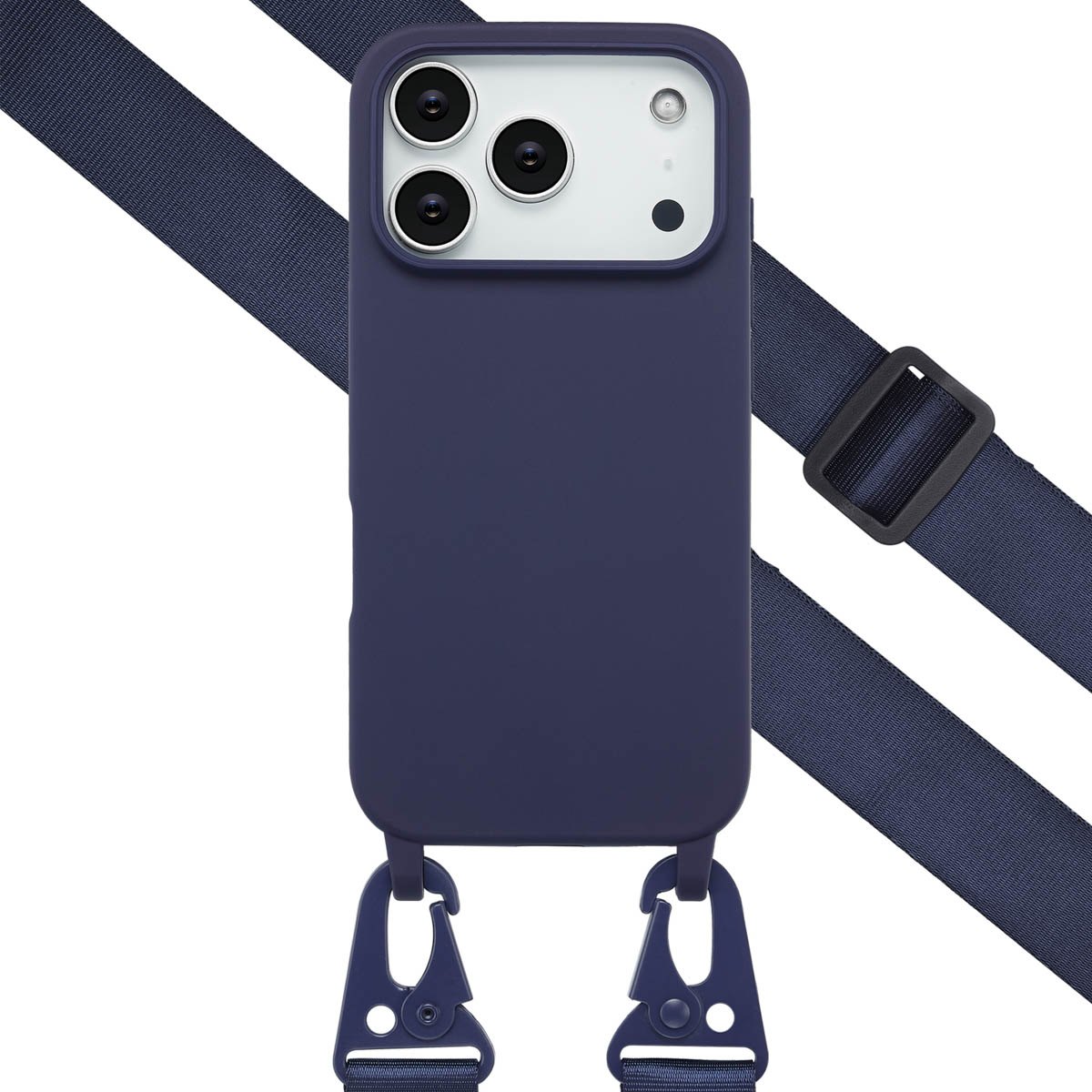 Een marineblauwe telefoonhoes met een band. De hoes heeft een camera-array. De band is verbonden met haken.