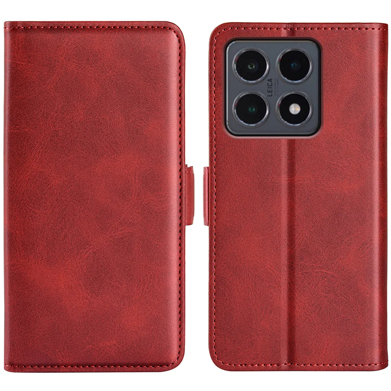 Étui de téléphone en cuir rouge ouvert. Il a une découpe pour l'appareil photo et une fermeture magnétique.