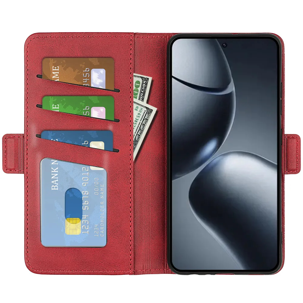 Étui de téléphone rouge avec cartes, argent et un téléphone. Les cartes sont dorées, vertes et bleues. L'argent est en billets de 100 $.
