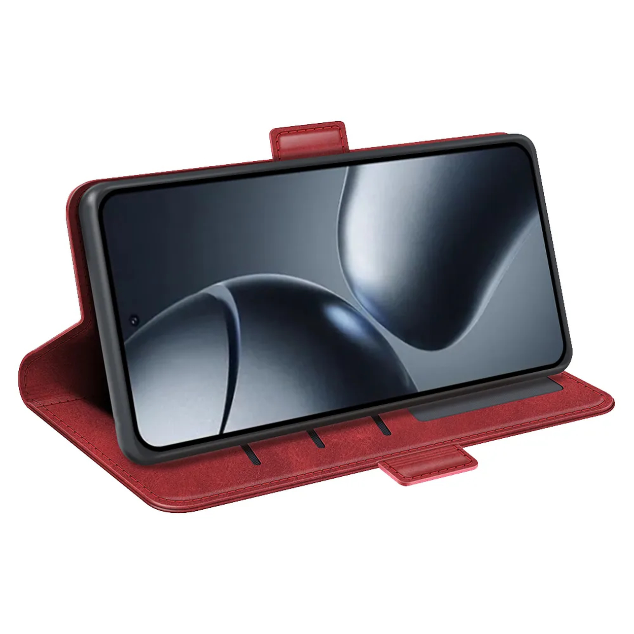 Un étui de téléphone rouge avec un téléphone à l'intérieur est ouvert. L'écran affiche une image floue. L'étui a une fermeture magnétique.