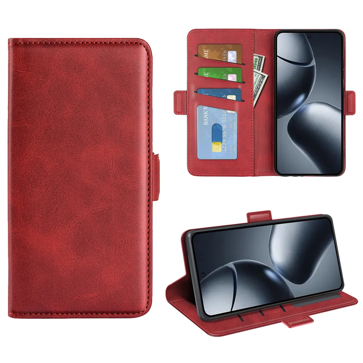 Un étui de téléphone en cuir rouge, ouvert pour révéler des cartes, de l'argent et un téléphone. L'étui est montré ouvert et fermé.