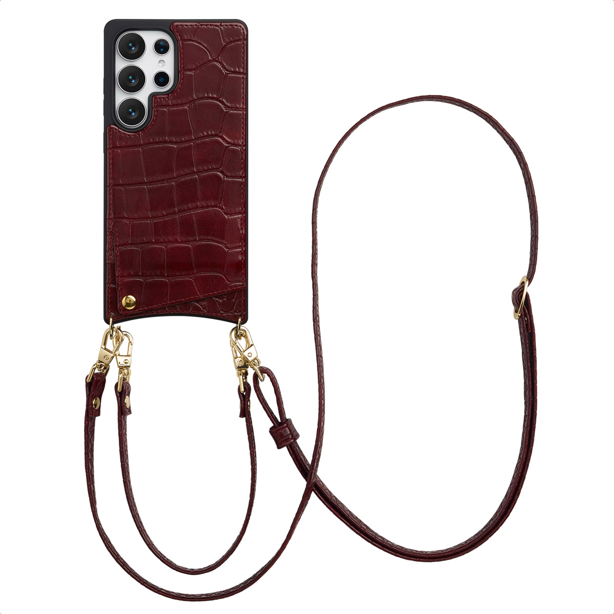 Un étui de téléphone bordeaux avec une texture de crocodile, attaché à une bandoulière, sur fond blanc.