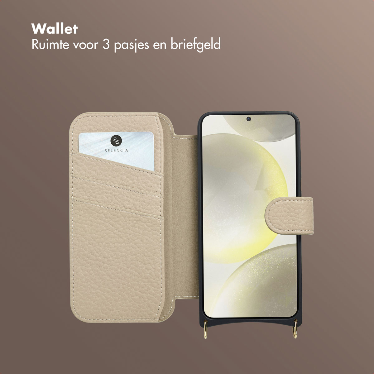 Portefeuille en cuir beige ouvert avec téléphone. Carte visible dans une fente. Fond marron.