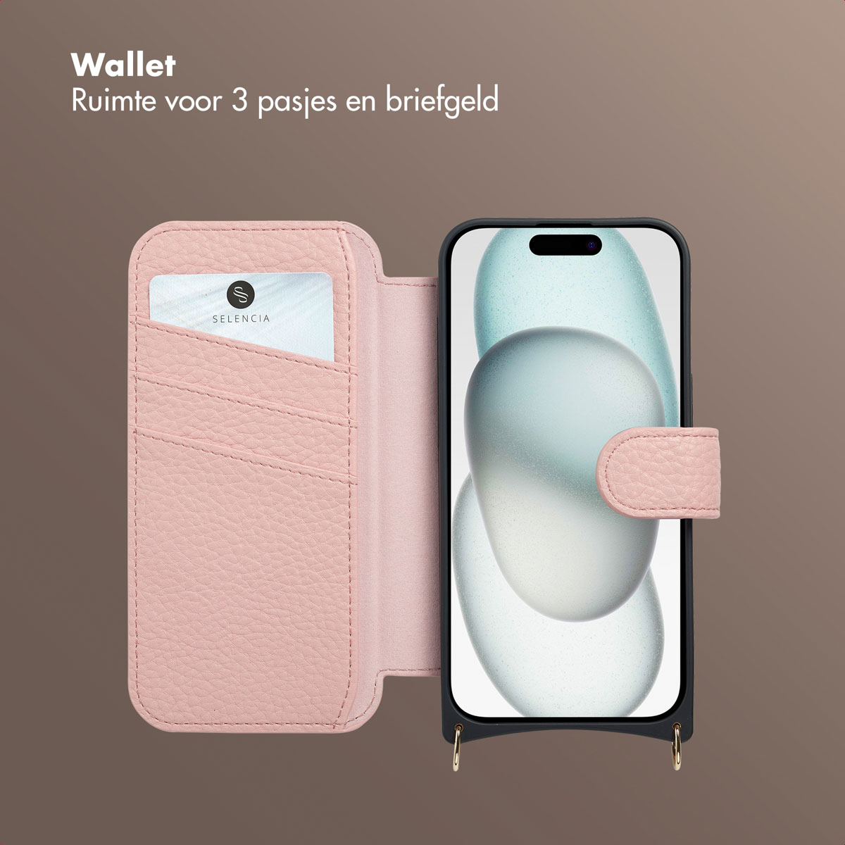 Roze portemonnee hoes met telefoon. De hoes heeft kaartsleuven en een magnetische sluiting. Er zit een kaart in.