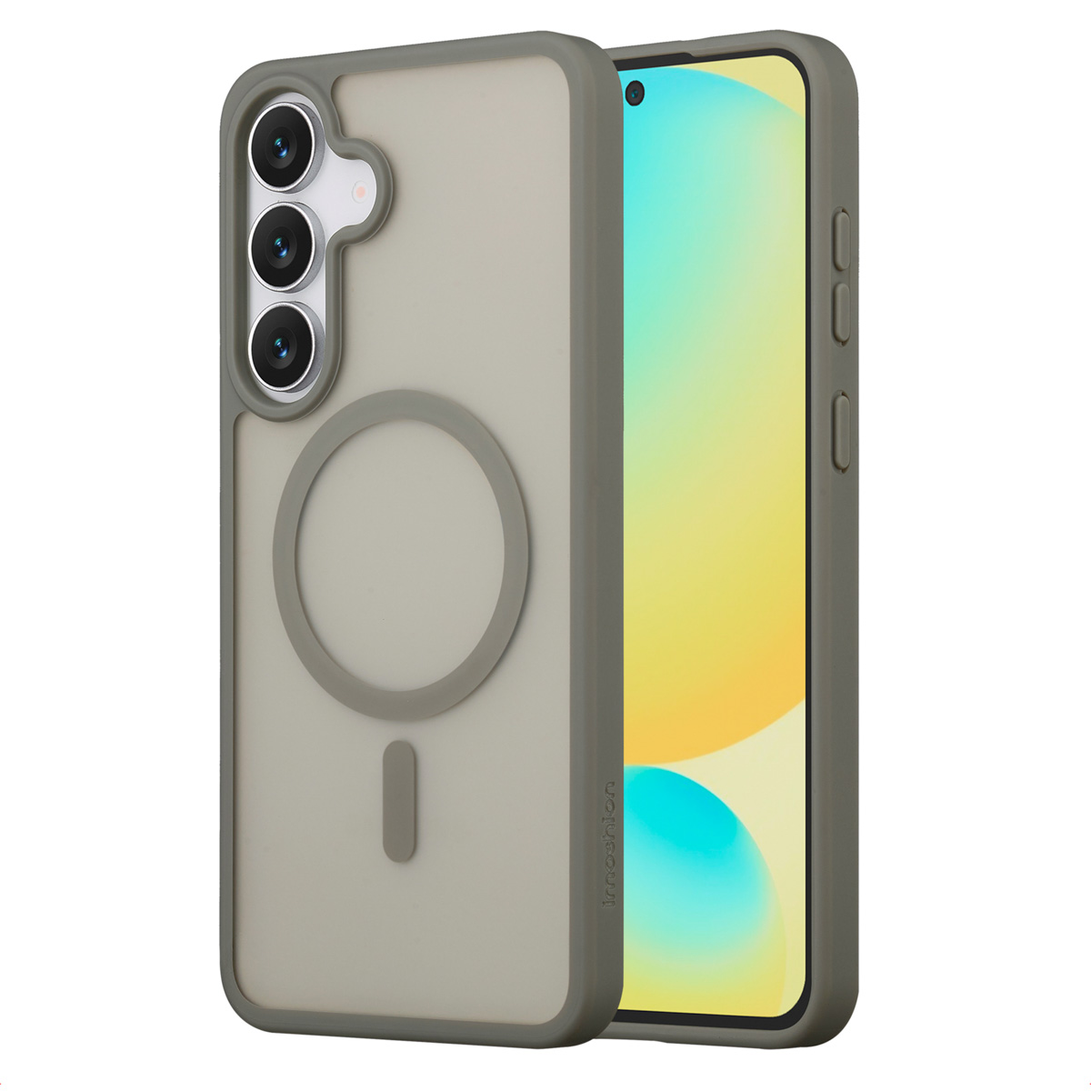 Un téléphone dans un étui gris, avec un ensemble de caméras et un design circulaire au dos. L'écran affiche un dégradé coloré.