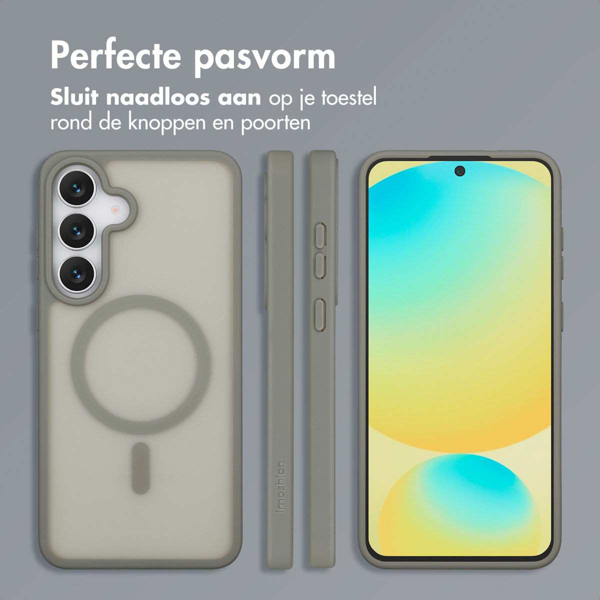 Un étui de téléphone est présenté, montrant les vues avant, latérale et du téléphone. L'étui est gris, avec un dos transparent. L'écran est bleu/jaune.