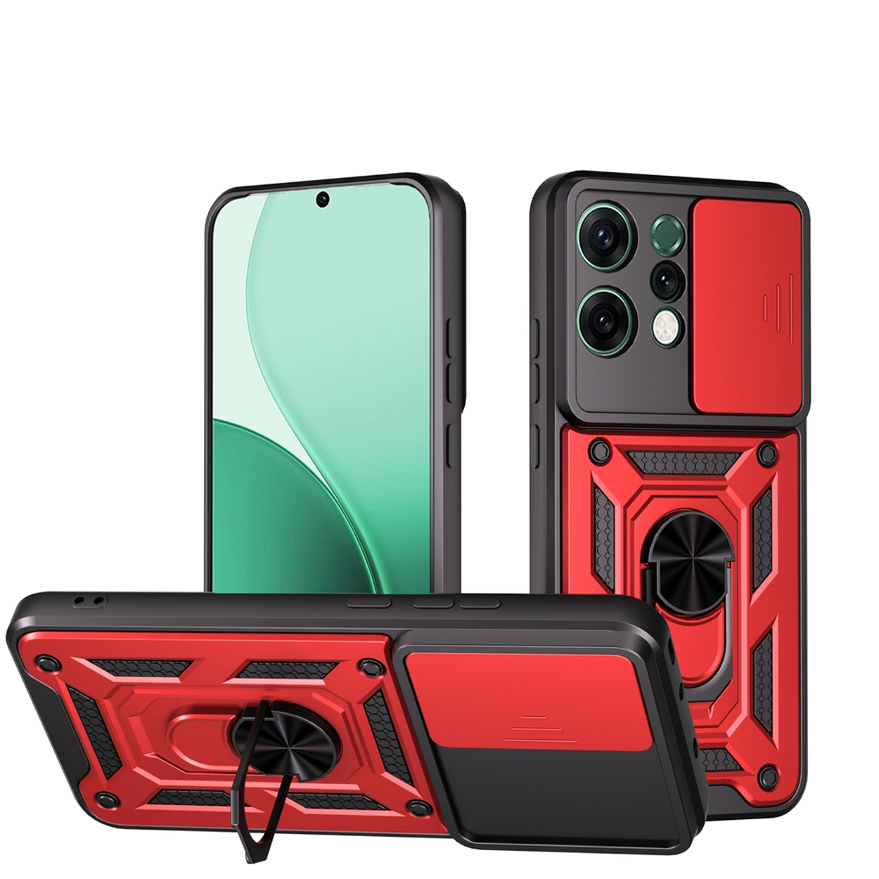 Drie telefoonhoesjes: één rechtop, één schuin en één op zijn kant. Rood en zwart ontwerp met camerabescherming en ringhouder.