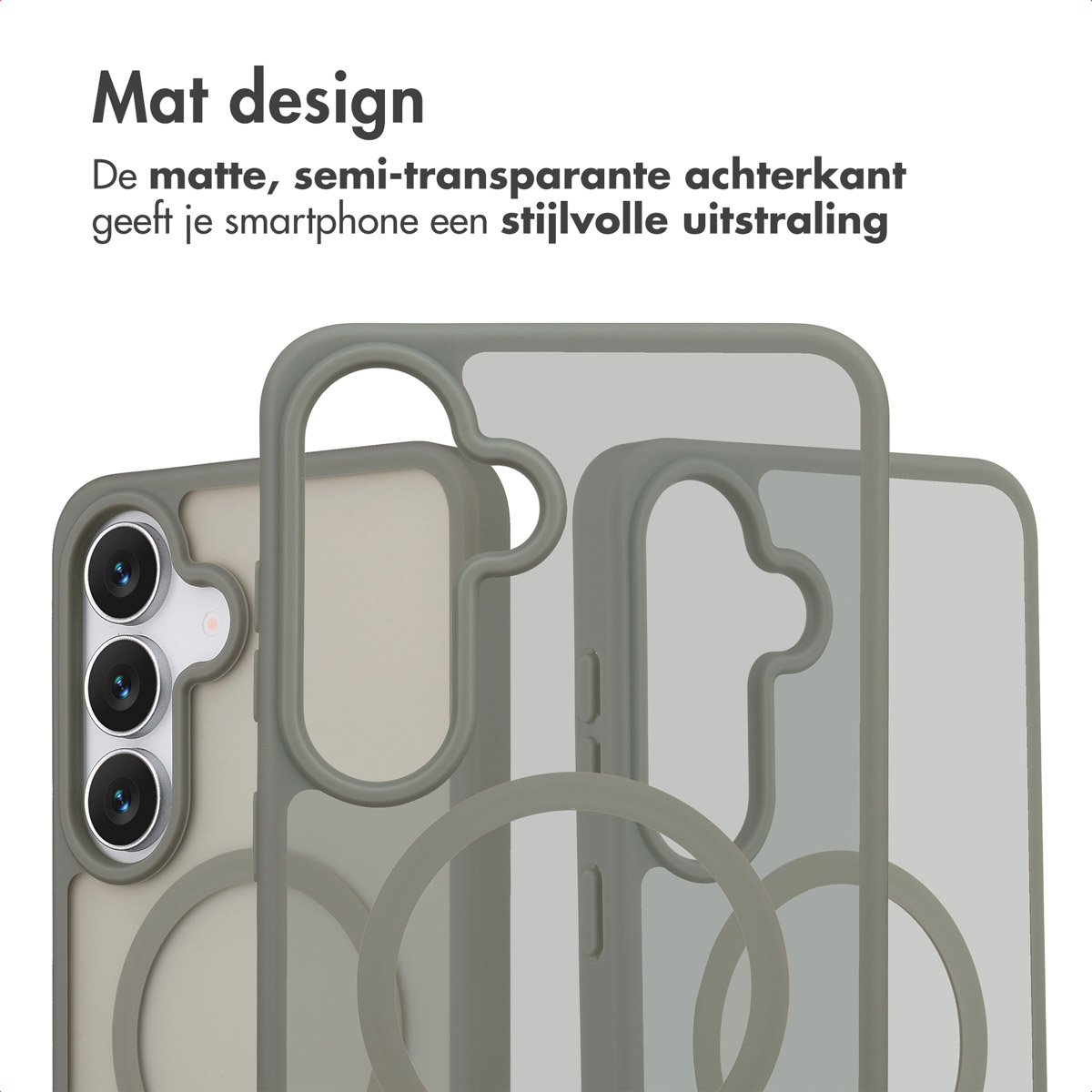 L'image montre un design de coque de téléphone. L'étui est gris et transparent. Le fond est blanc. Le texte superpose l'image.