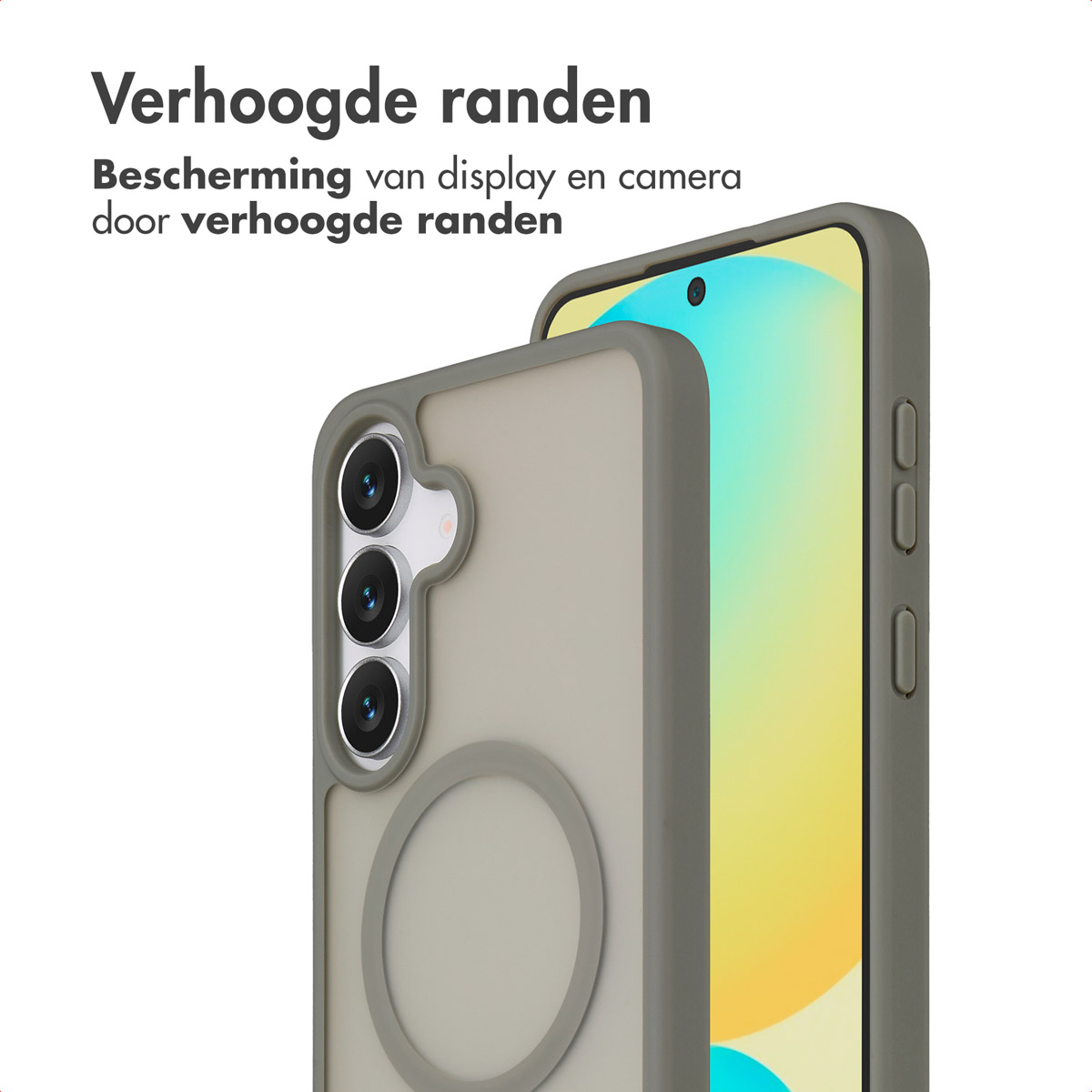 Coque de téléphone à bords surélevés. Protège l'écran et l'appareil photo. Coque grise avec trois objectifs et design circulaire.