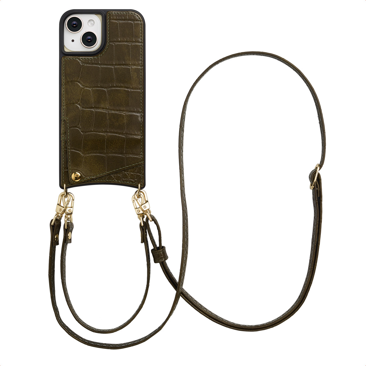 Olive green phone case with a strap. Gold clasps and details. The case has a textured appearance, and is against a white background.