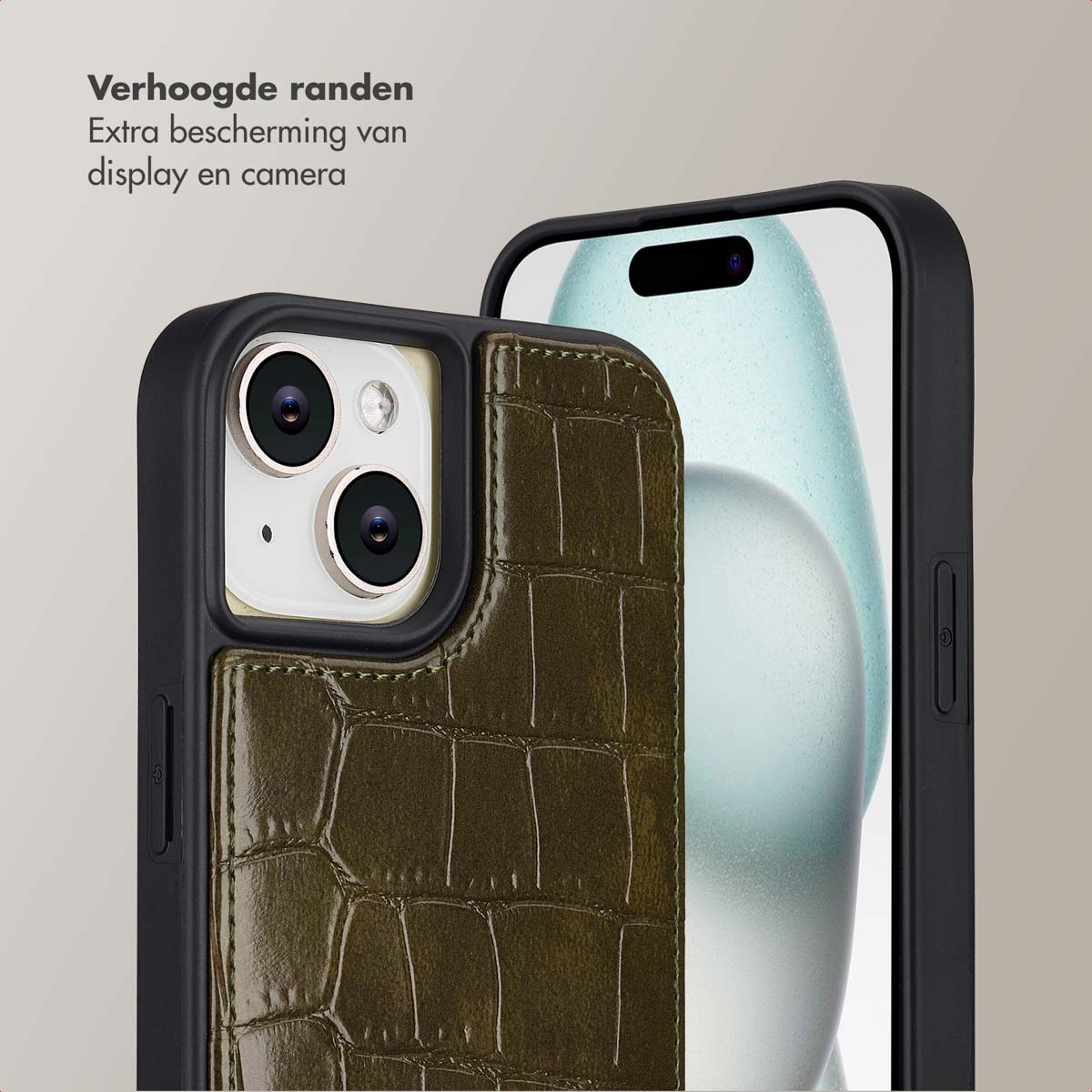 Two smartphones in protective cases. One case is olive green with a crocodile texture, the other is black.