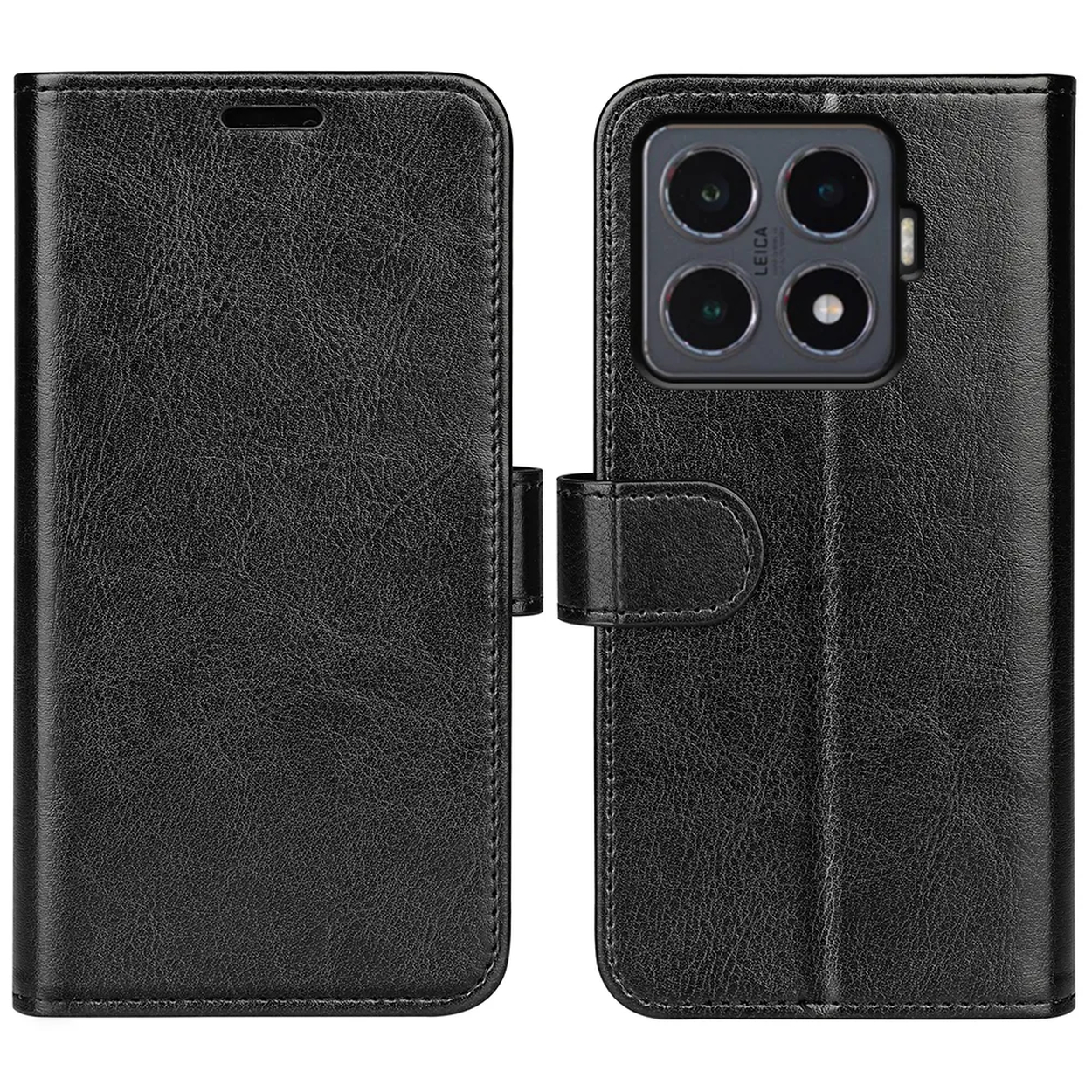 Zwarte lederen telefoonhoes, open. De rechterkant toont een telefoon met Leica cameralenzen. De hoes heeft een magnetische sluiting.