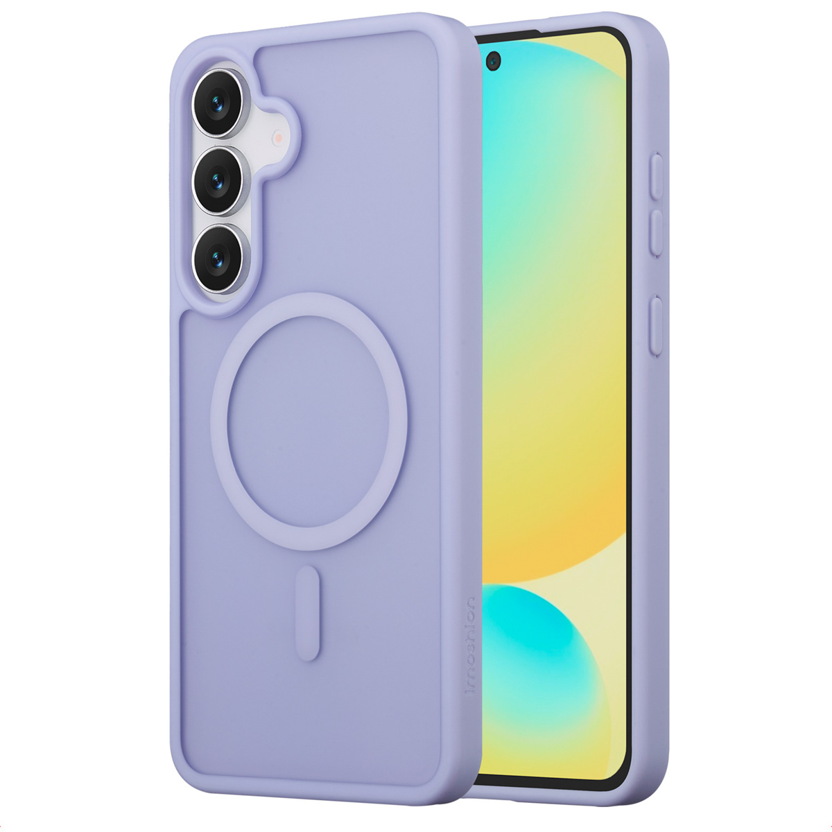 Een lavendelkleurige telefoonhoes met een telefoon erin. De hoes heeft een cirkelvormig ontwerp op de achterkant en een uitsparing voor de camera.