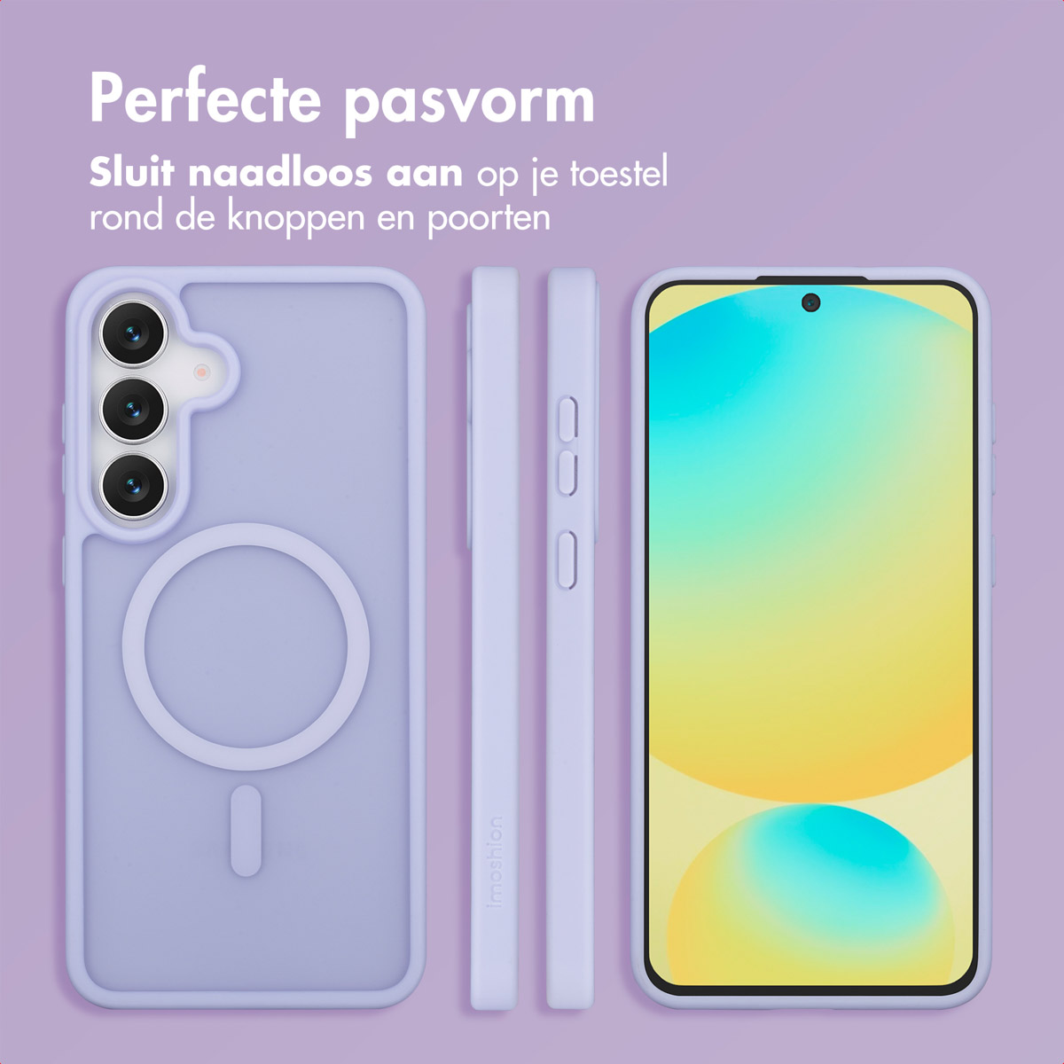 Een telefoonhoesje en een telefoon worden weergegeven. De hoes is lichtpaars met een cirkelvormige uitsparing. Het telefoonscherm is geel en blauw.