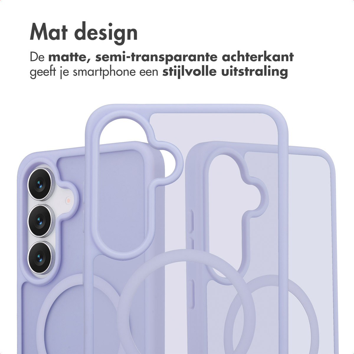 Een lichtpaarse telefoonhoes met drie cameralenzen. De hoes heeft een semi-transparante achterkant en een stijlvol design.