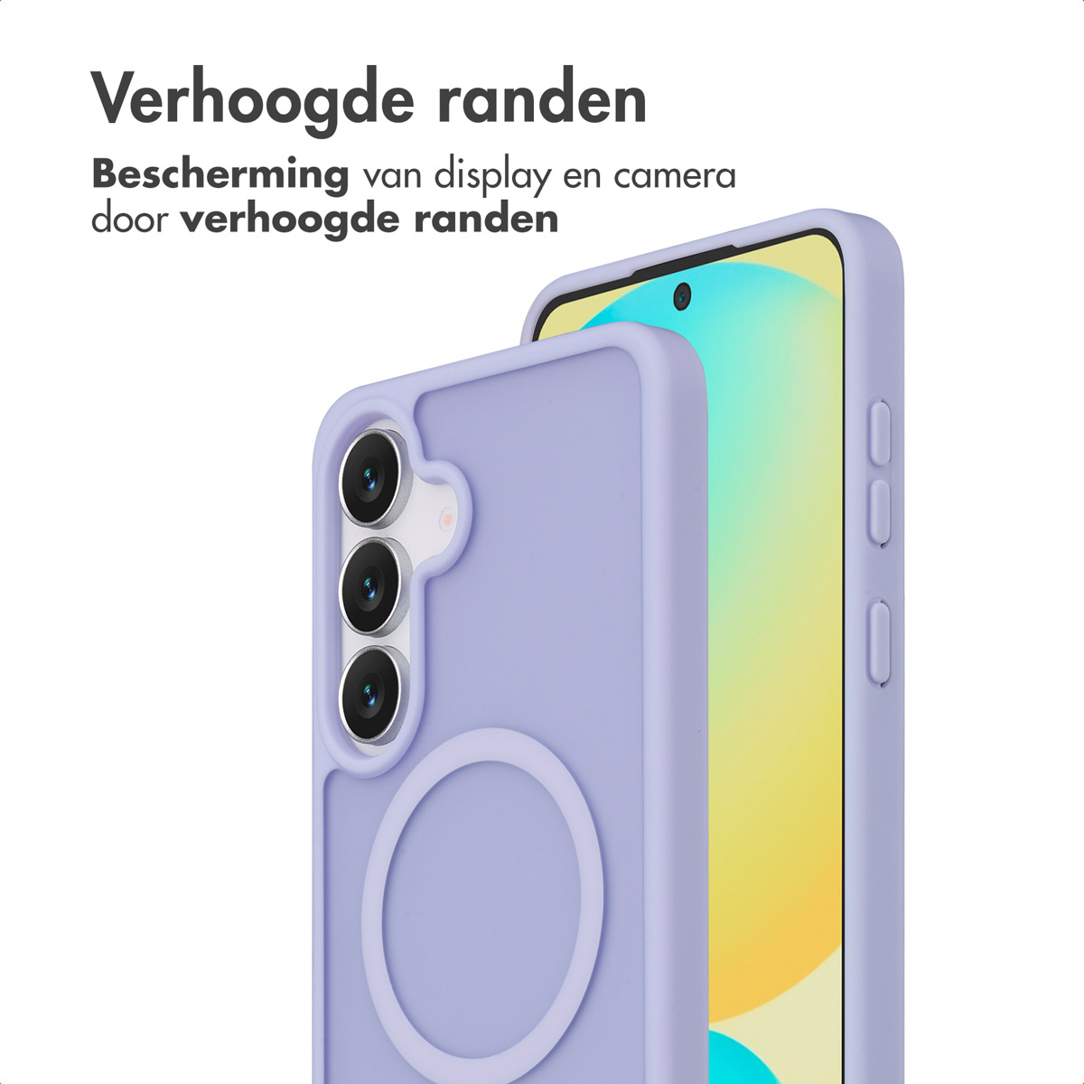 Close-up van een paarse telefoonhoes met een telefoon erin. De hoes heeft een opstaande rand en een cirkelvormig ontwerp.