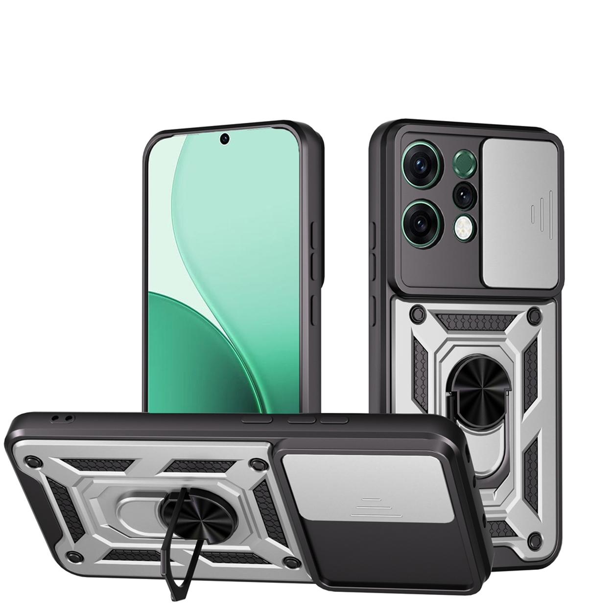 Drie telefoonhoesjes: zwart, zilver en grijs. Eén toont een scherm, andere hebben camerabescherming en ringhouders.