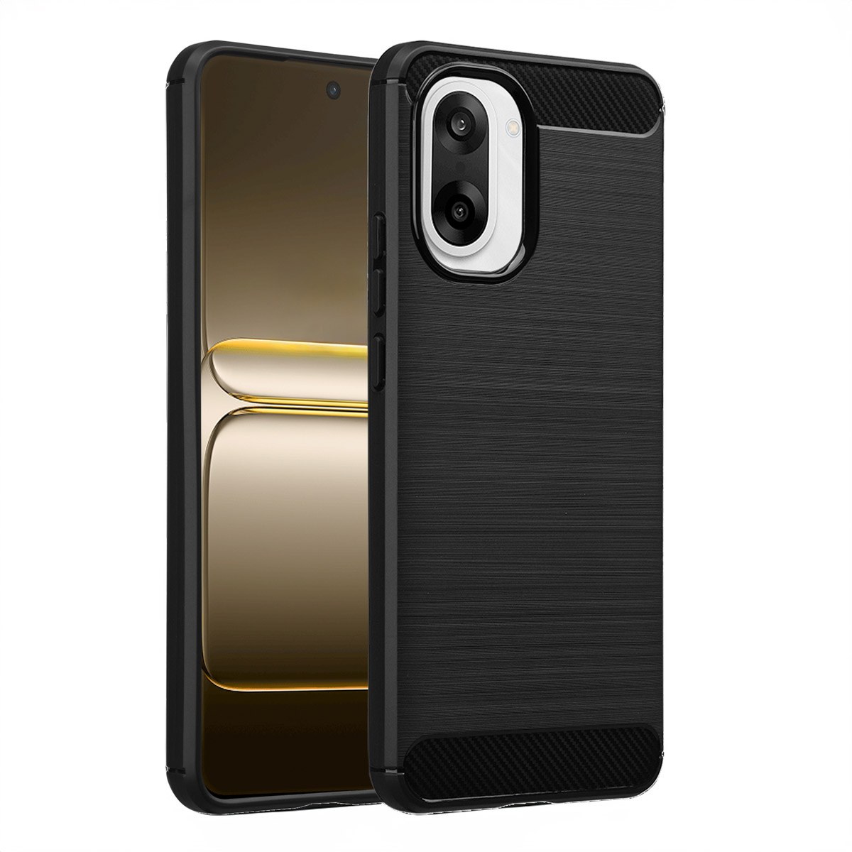 Een zwarte telefoonhoes met een getextureerde achterkant en camera-uitsparingen wordt weergegeven naast een telefoon met een gouden scherm.