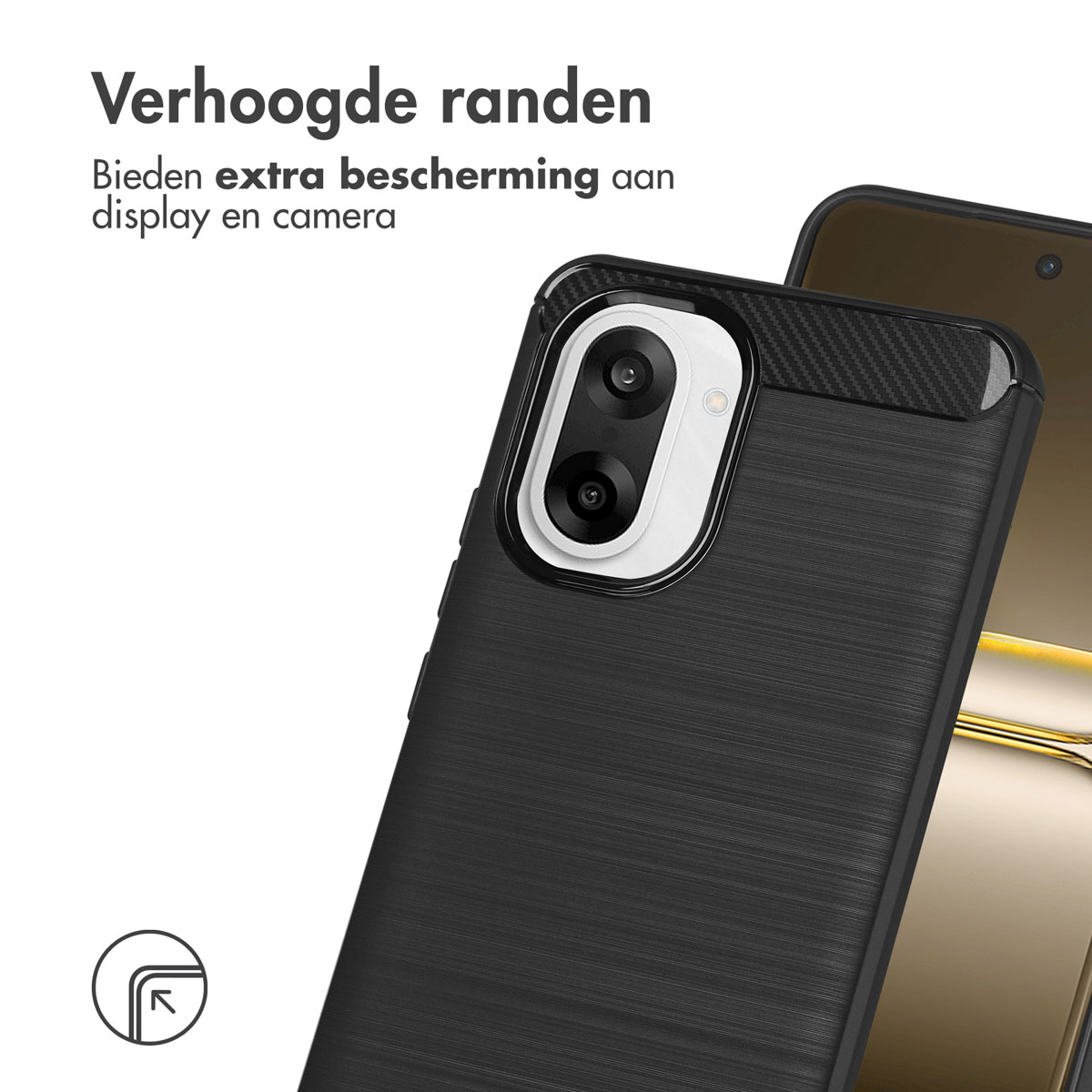 Zwarte telefoonhoes met camera-uitsparing biedt extra bescherming. De Nederlandse tekst luidt: 'Verhoogde randen bieden extra bescherming'.