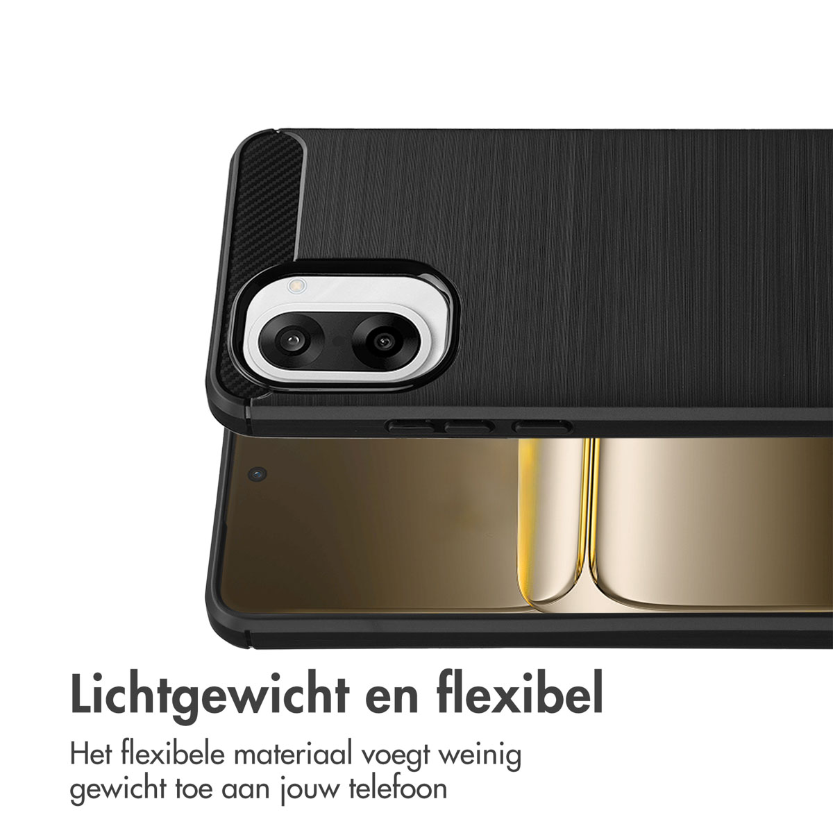 Zwarte telefoonhoes met cameradetail. De tekst 'Lichtgewicht en flexibel' wordt weergegeven.