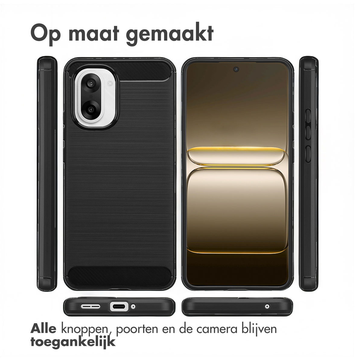 Zwarte telefoonhoes met telefoon, toont design en toegankelijkheid van knoppen, poorten en camera.
