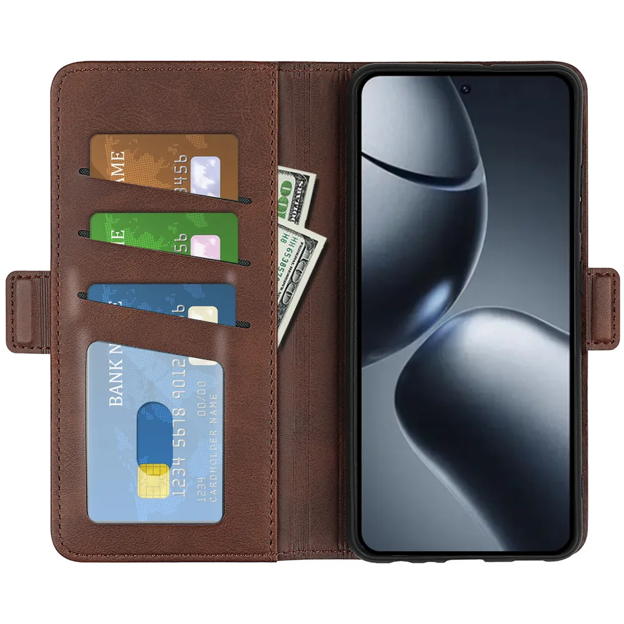 Een bruine leren portemonnee bevat een smartphone, creditcards en wat contant geld. De portemonnee is open en toont de inhoud.
