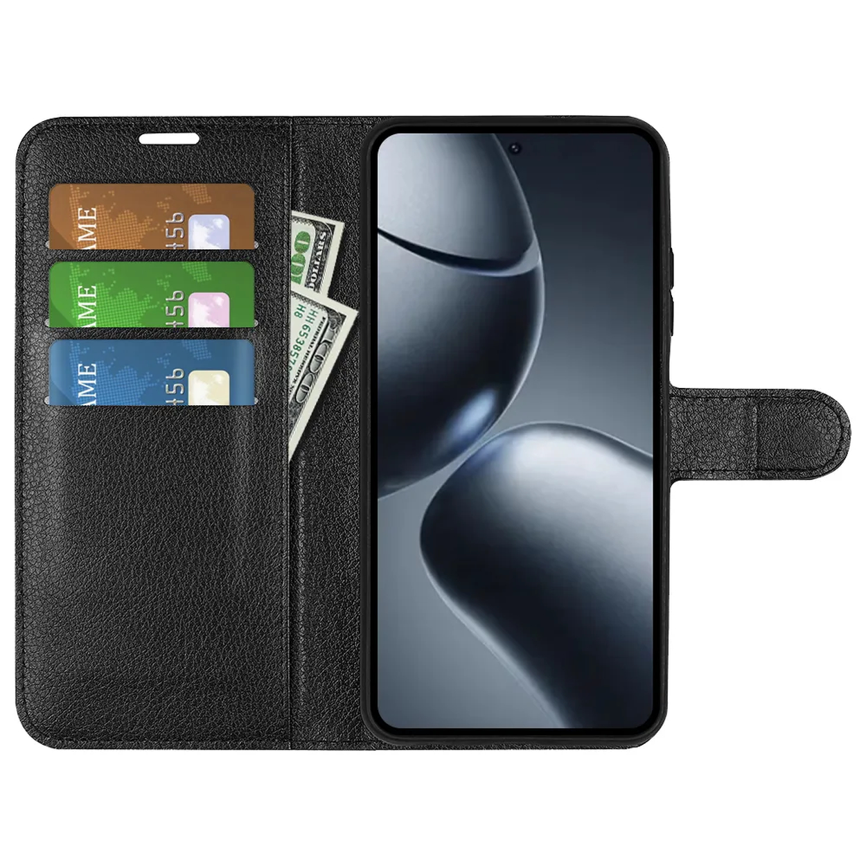 Zwarte telefoonhoes met creditcards en geld. Het scherm toont een vage, abstracte afbeelding.