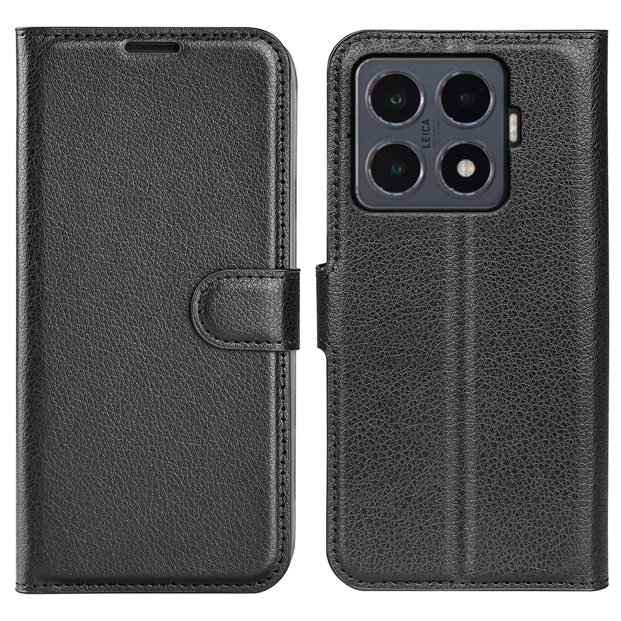 Zwarte lederen telefoonhoes, open. De rechterkant toont een telefoon met vier camera's, met het label Leica. De linkerkant is de hoes.