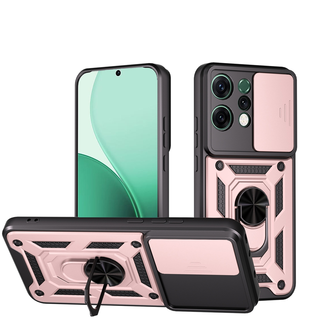 Drie telefoonhoesjes: roze en zwart, met een ringhouder. Eén telefoon zit in de hoes. De achtergrond is wit.