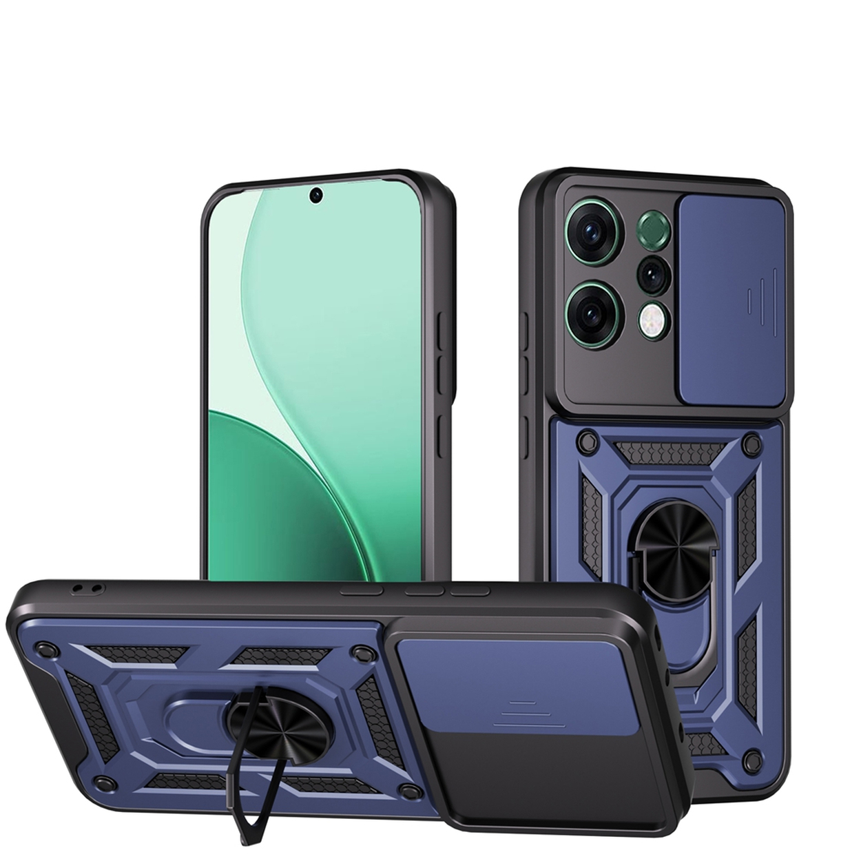Drie telefoonhoesjes: voor-, zij- en achteraanzicht. Elk heeft een blauw, zwart en zilver ontwerp met een ringhouder en camerahoes.