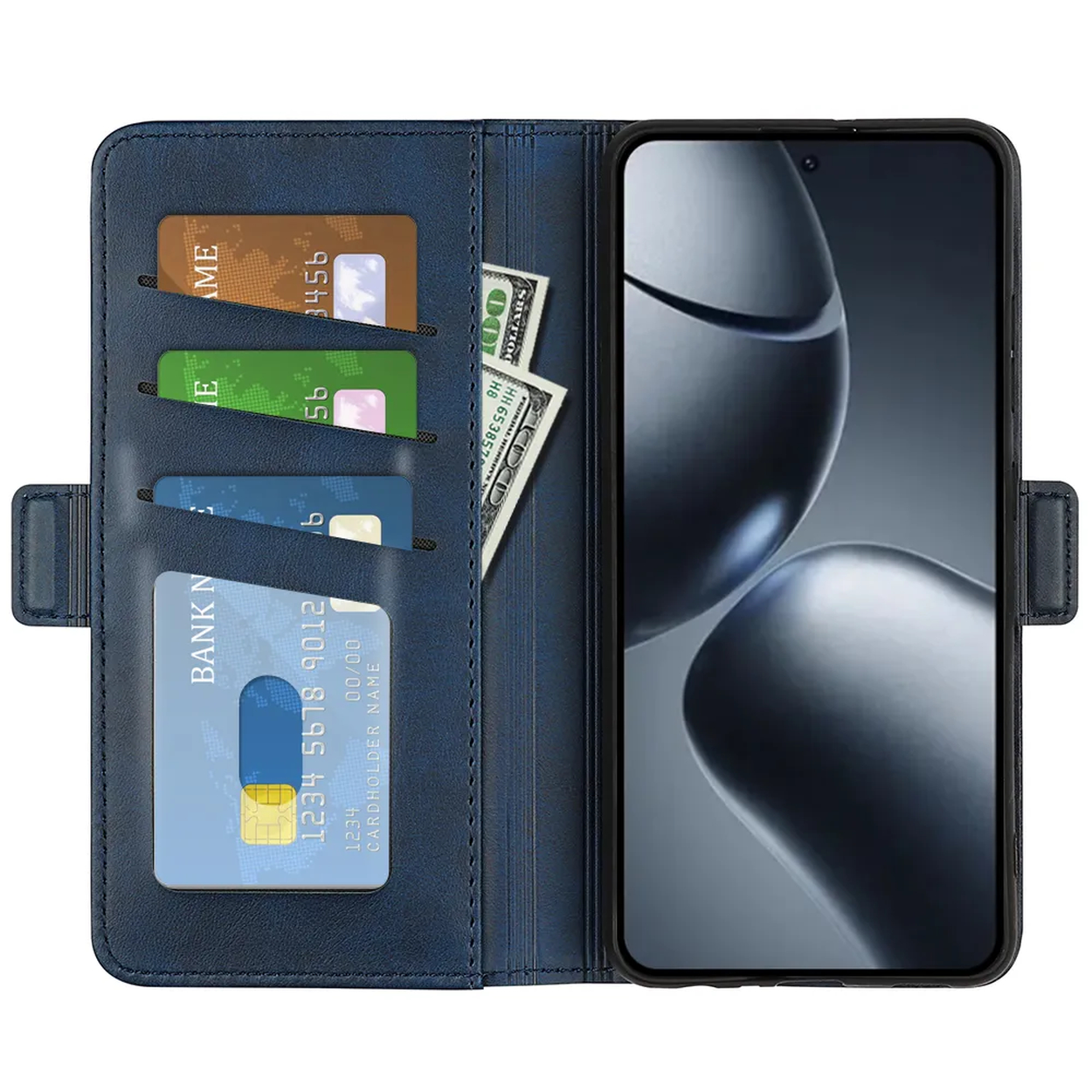 Blauwe telefoonhoes open, met kaarten, geld en een telefoon. Kaarten hebben nummers. Geld is Amerikaanse dollars.