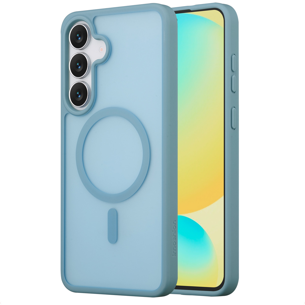 Een lichtblauwe telefoonhoes met drie cameralenzen. Het scherm toont gele en groene kleuren.